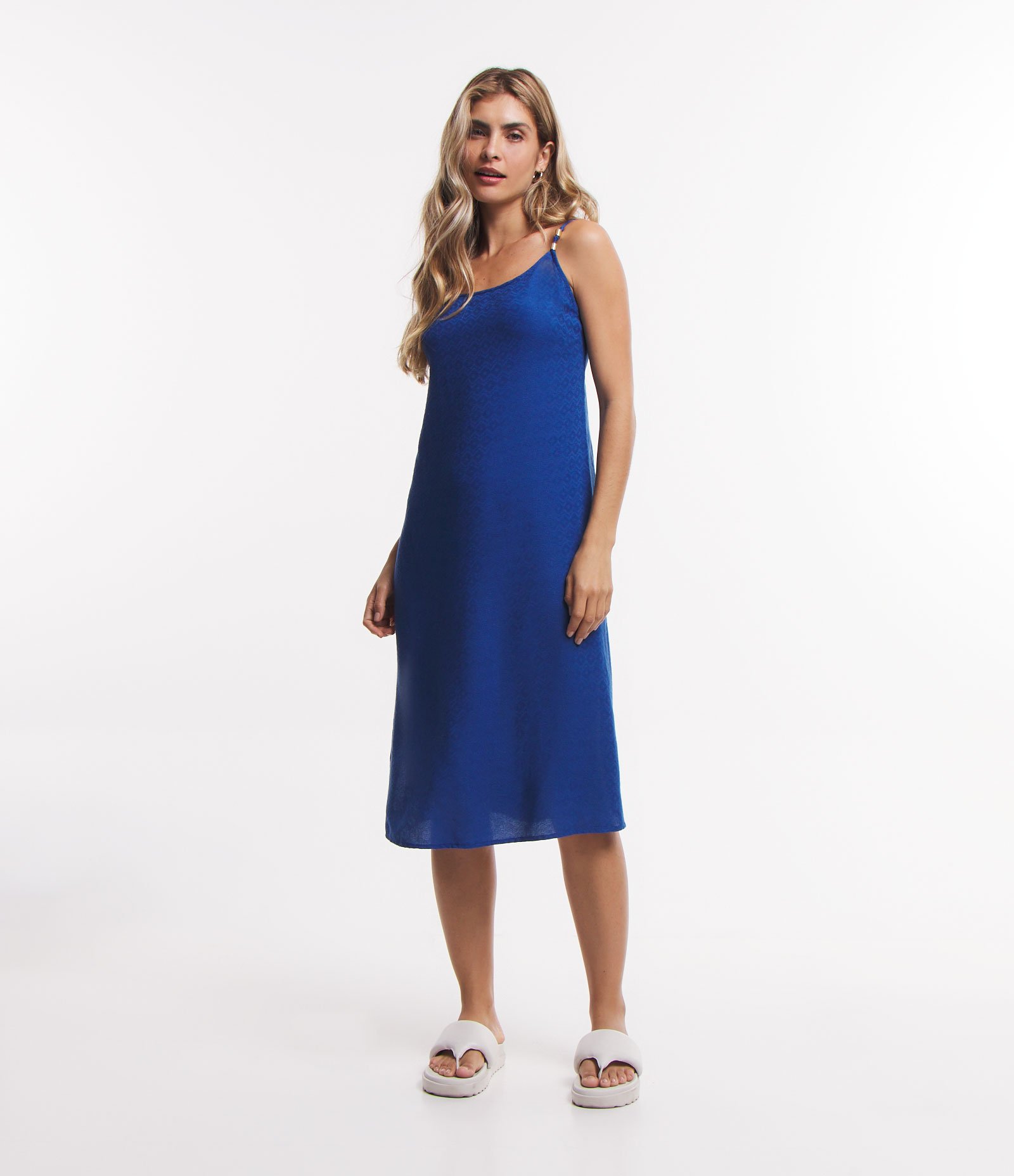 Saída de Praia Vestido Texturizada com Detalhe Metalizado nas Alças Azul 1