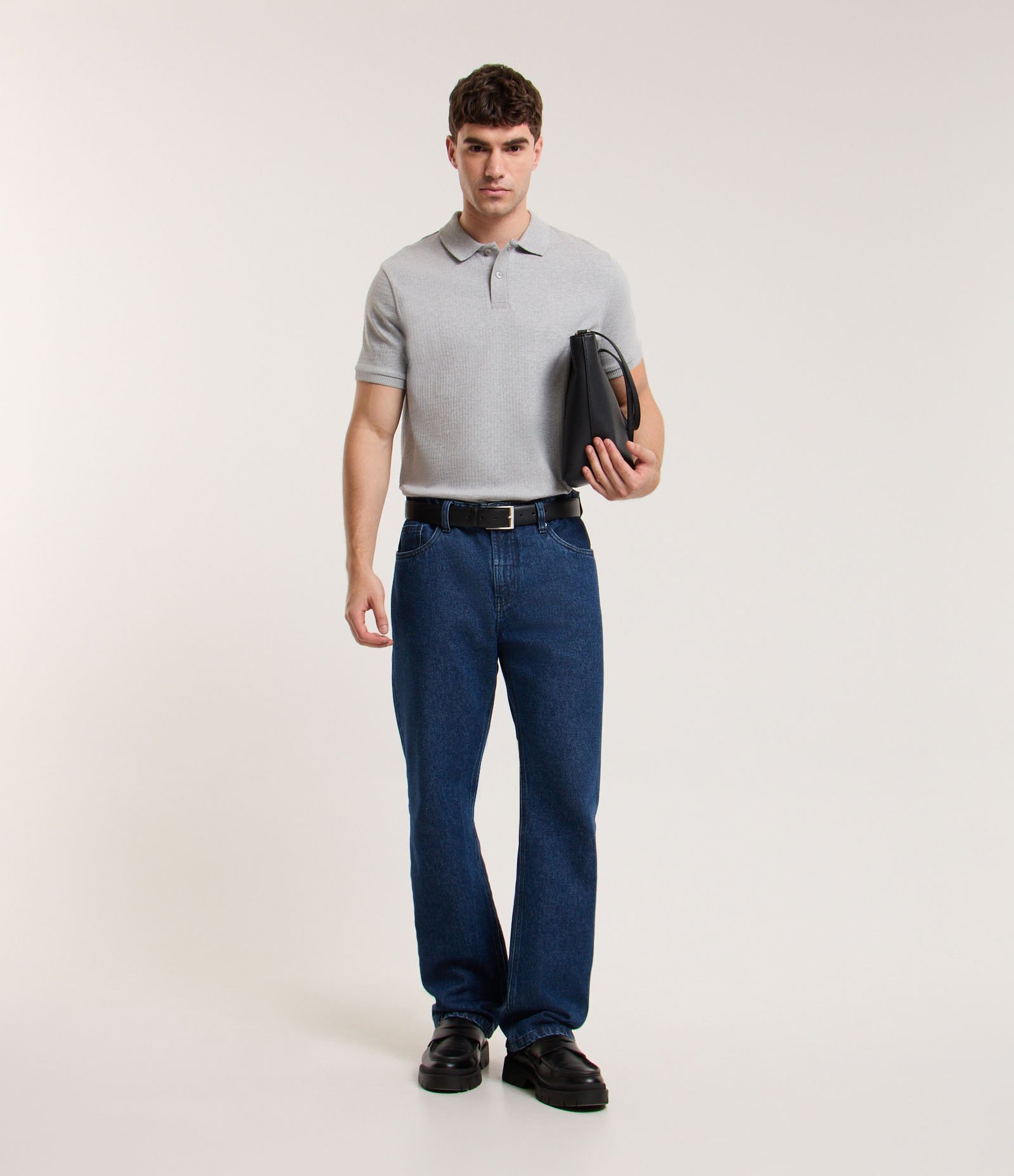 Camisa Polo com Textura Canelada Cinza 3