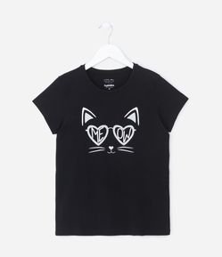 Camiseta Infantil com Estampa Gato de Óculos - Tam 5 a 14 Anos