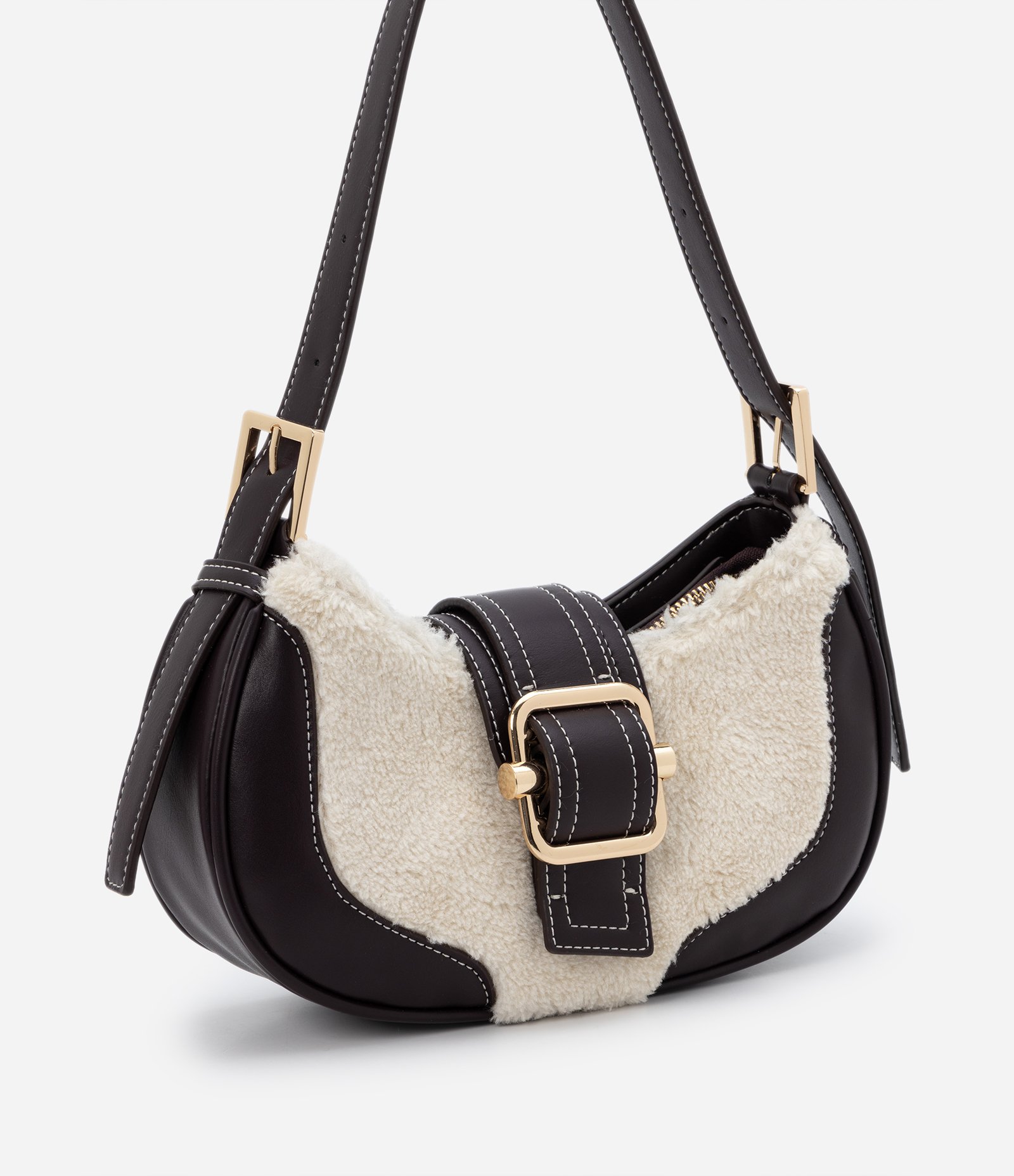 Bolsa Baguete Pequena com Pelos e Fivela Marrom Escuro 3