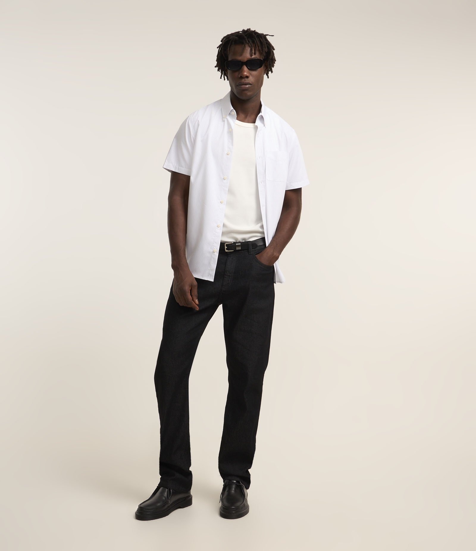 Camisa Listrada em Fibra de Bambu com Bolso Branco/ Azul 2