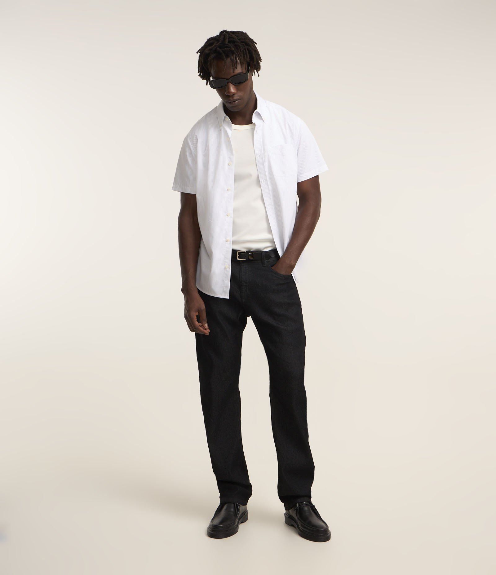 Camisa Listrada em Fibra de Bambu com Bolso Branco/ Azul 4