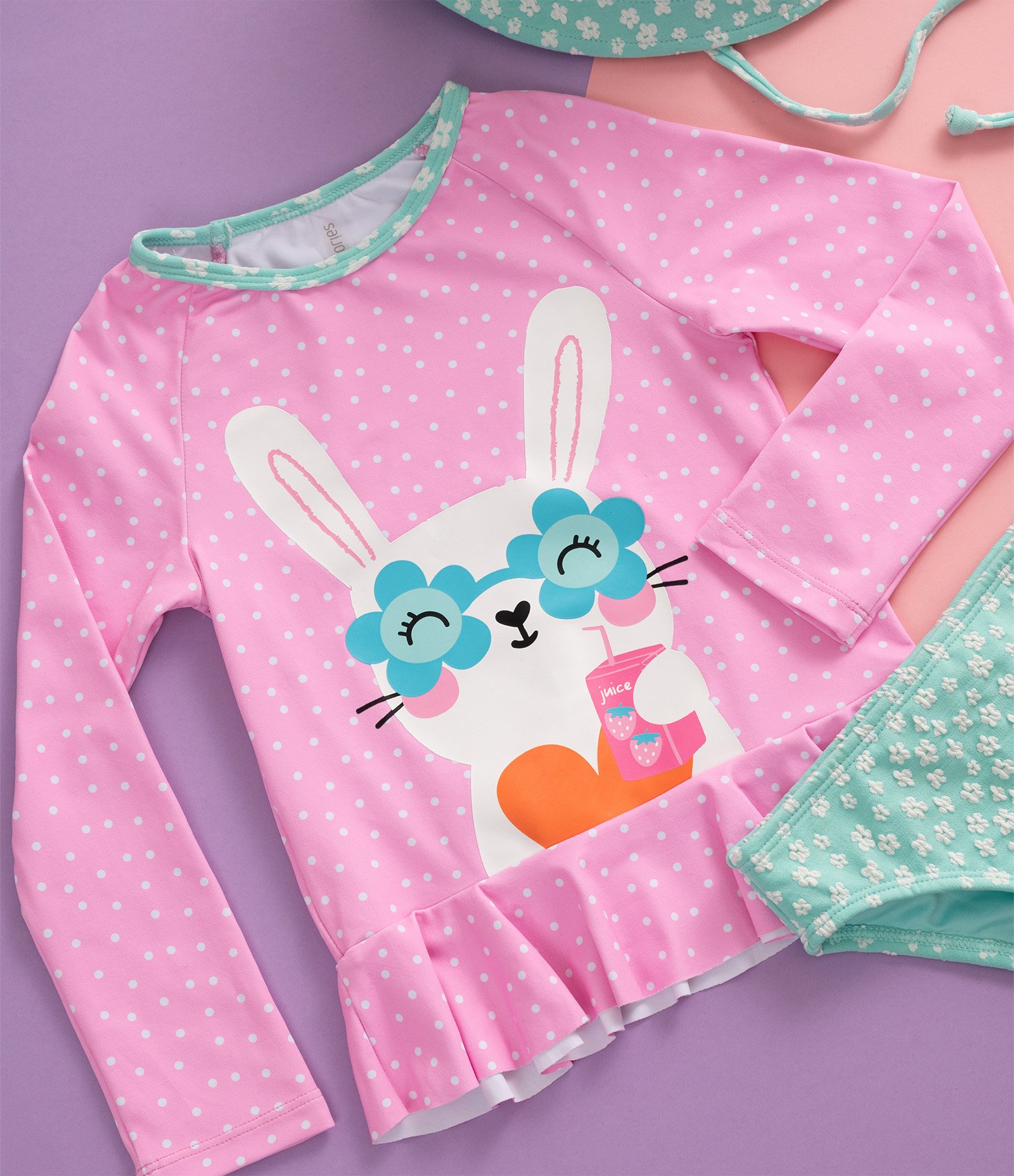 Conjunto Infantil com Proteção UV e Estampa Poá com Coelhinha - Tam 6 Meses a 4 Anos Rosa/Verde 2