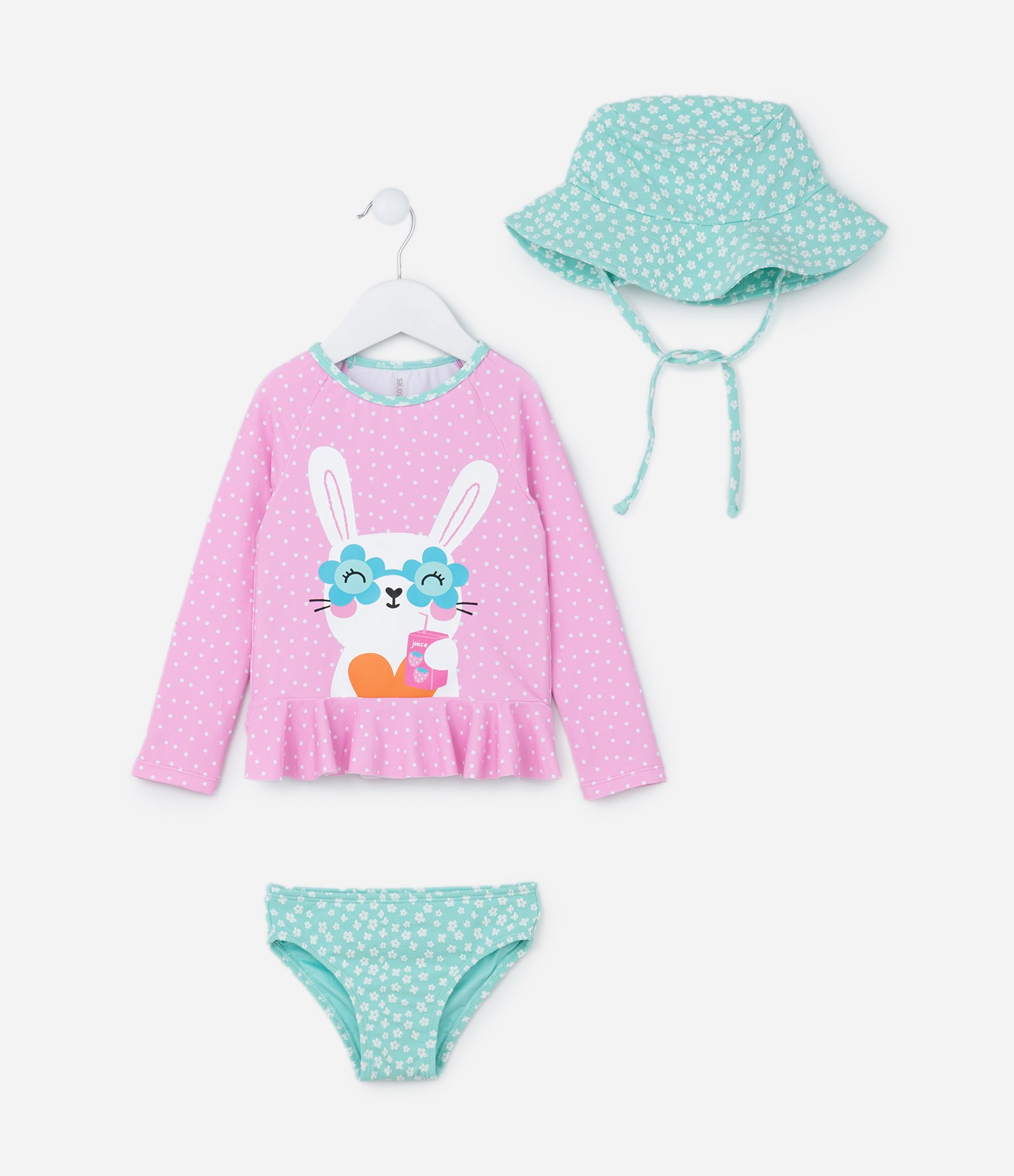 Conjunto Infantil com Proteção UV e Estampa Poá com Coelhinha - Tam 6 Meses a 4 Anos Rosa/Verde 3