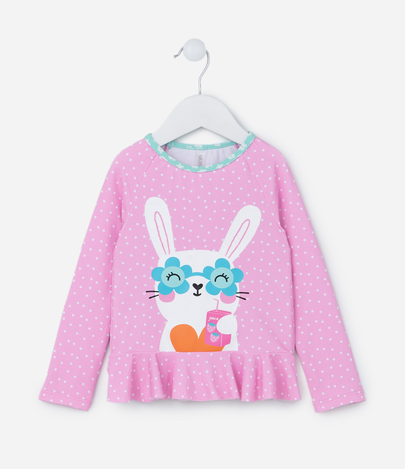 Conjunto Infantil com Proteção UV e Estampa Poá com Coelhinha - Tam 6 Meses a 4 Anos Rosa/Verde 4