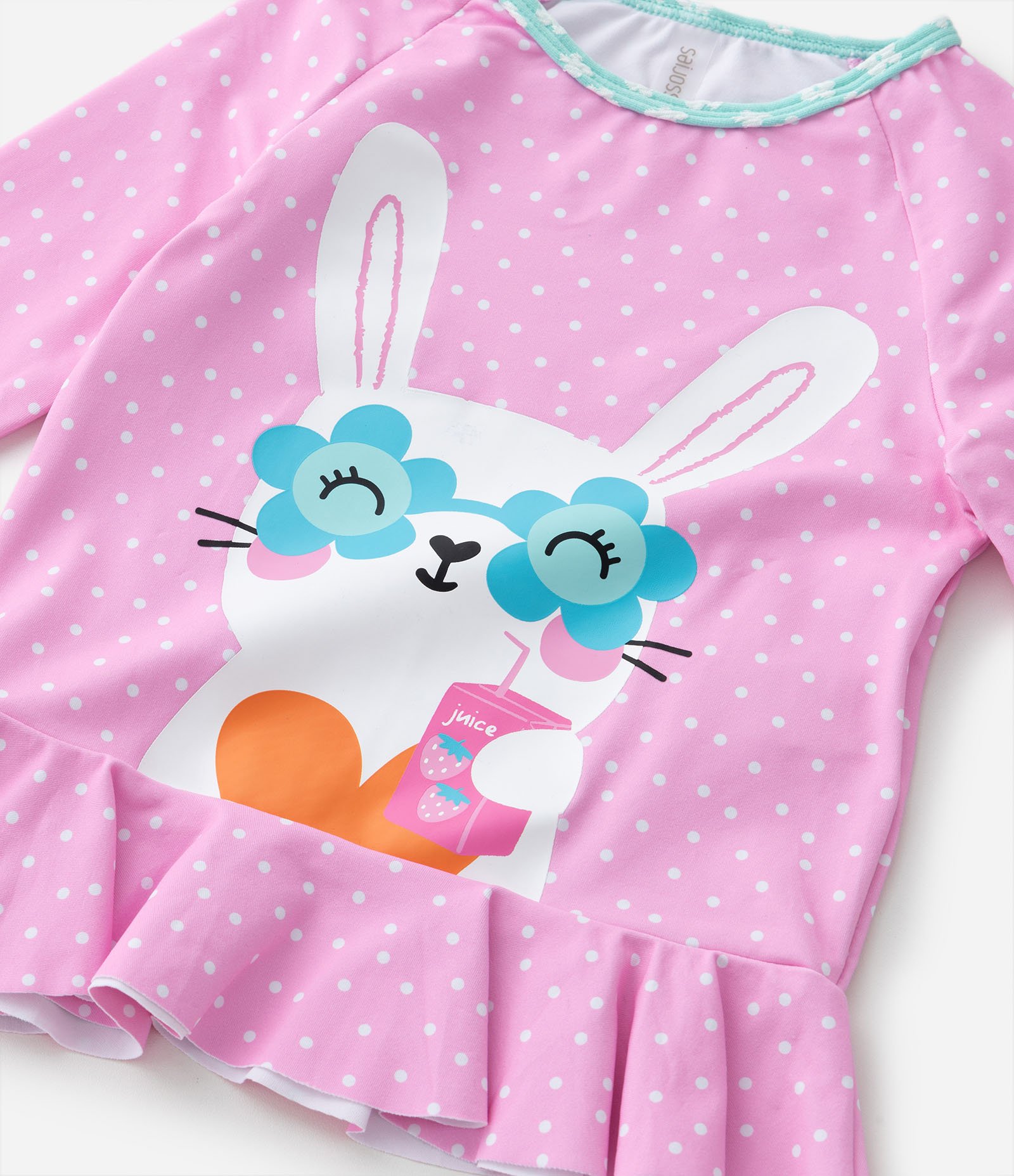 Conjunto Infantil com Proteção UV e Estampa Poá com Coelhinha - Tam 6 Meses a 4 Anos Rosa/Verde 8