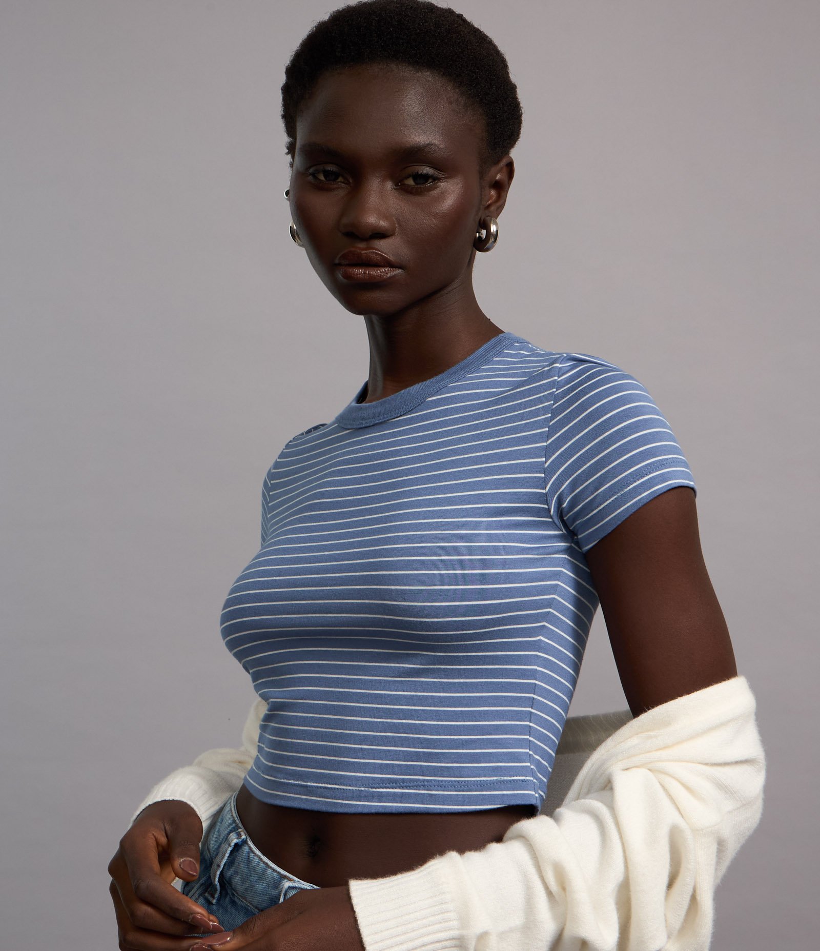 Blusa Cropped Básica em Viscolycra Estampa Listras Azul 6