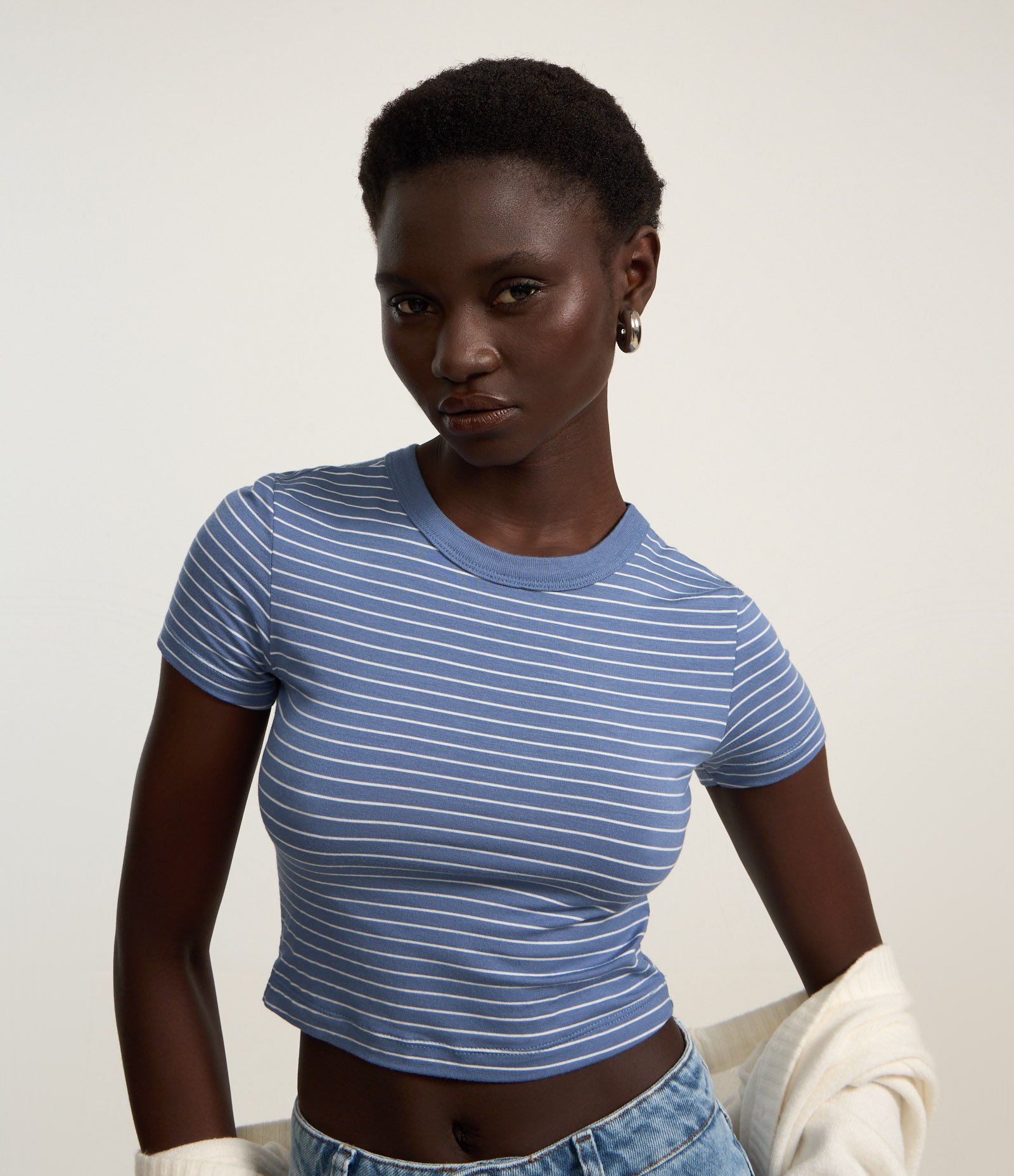 Blusa Cropped Básica em Viscolycra Estampa Listras Azul 1