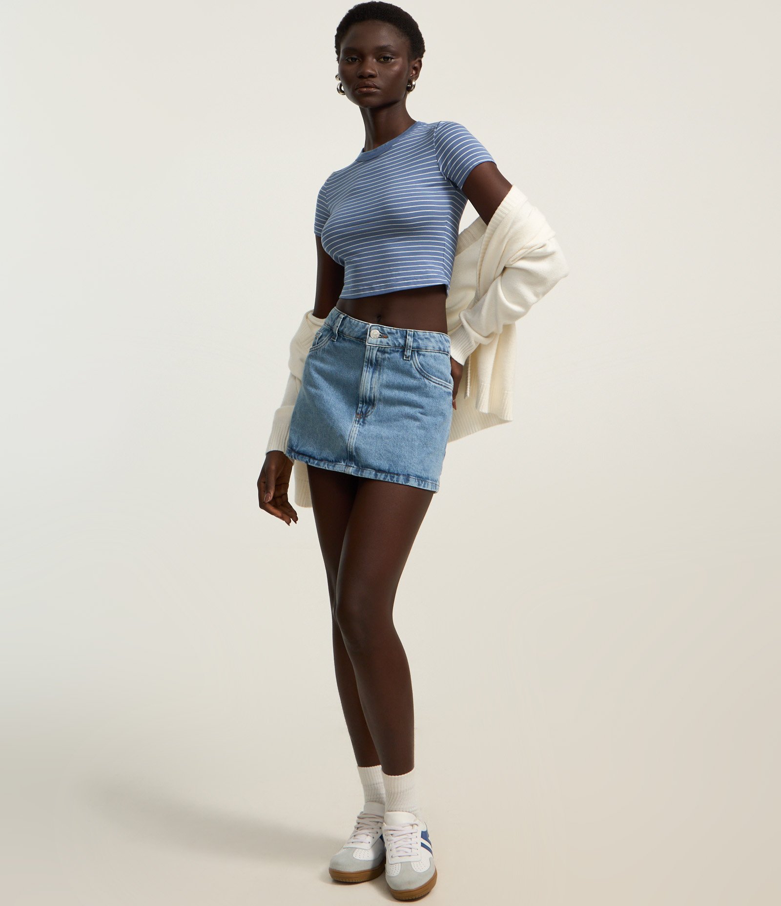 Blusa Cropped Básica em Viscolycra Estampa Listras Azul 2