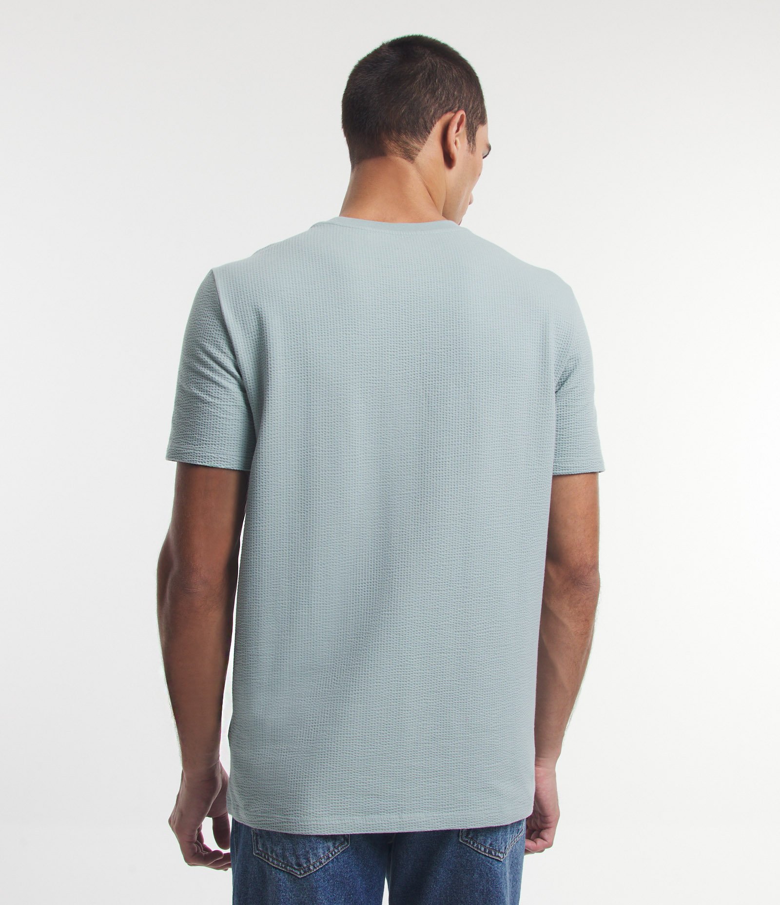 Camiseta Regular em Ana Ruga com Textura e Manga Curta Azul 3