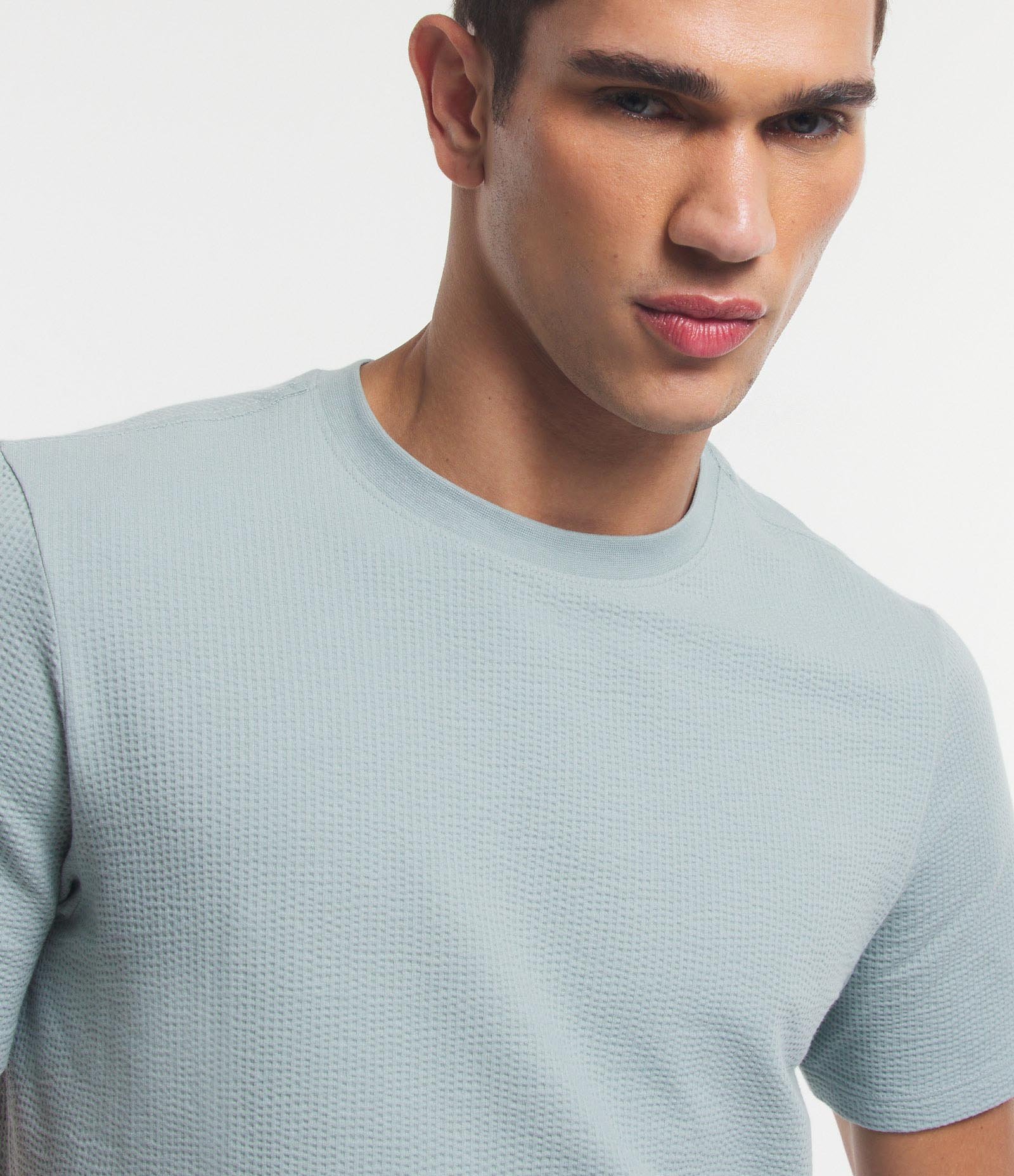 Camiseta Regular em Ana Ruga com Textura e Manga Curta Azul 4