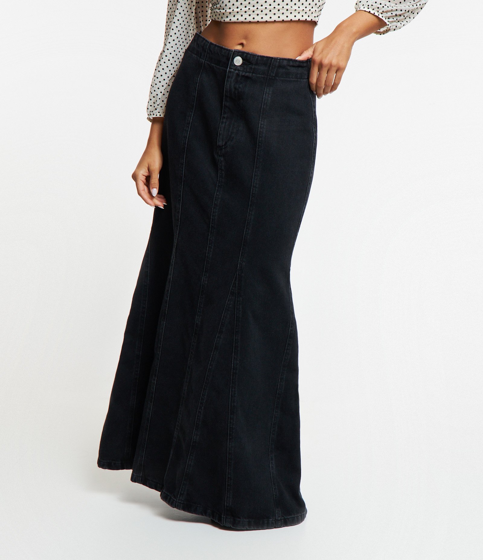 Saia Longa em Jeans com Costuras Preto 2