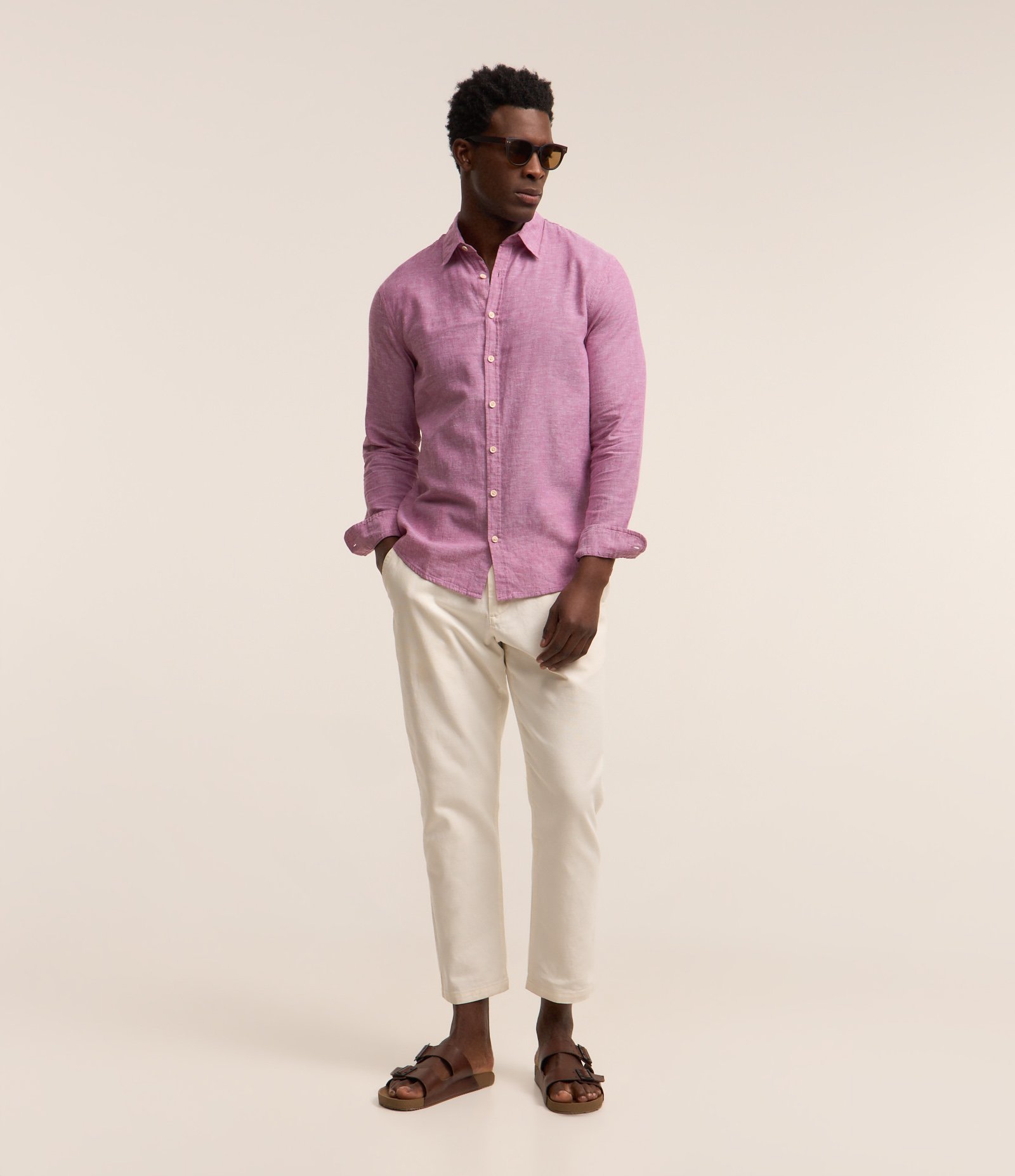 Camisa Regular Básica em Linho com Gola Colarinho Rosa 3