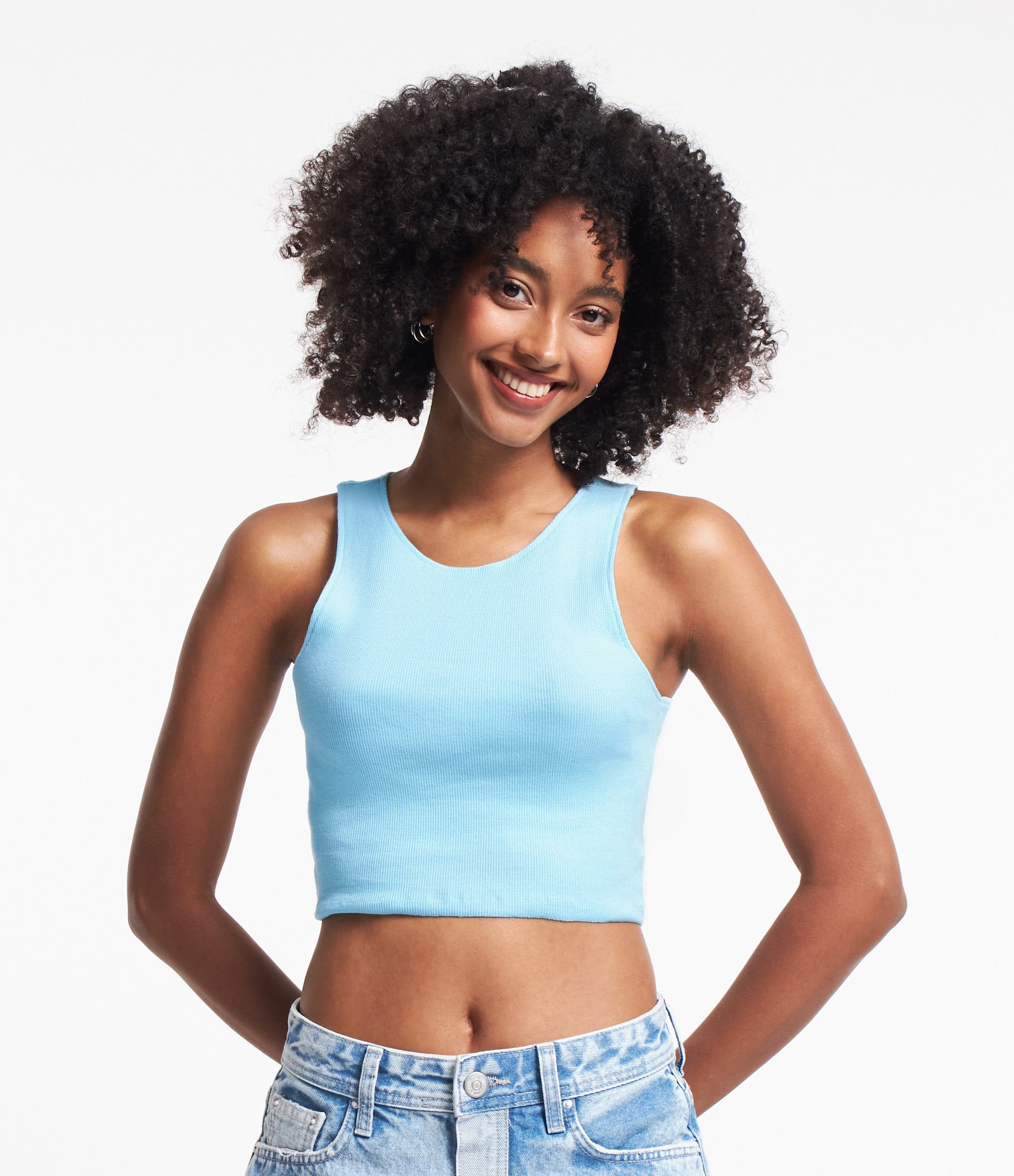 Blusa Cropped sem Manga em Algodão com Textura Canelada Azul 1