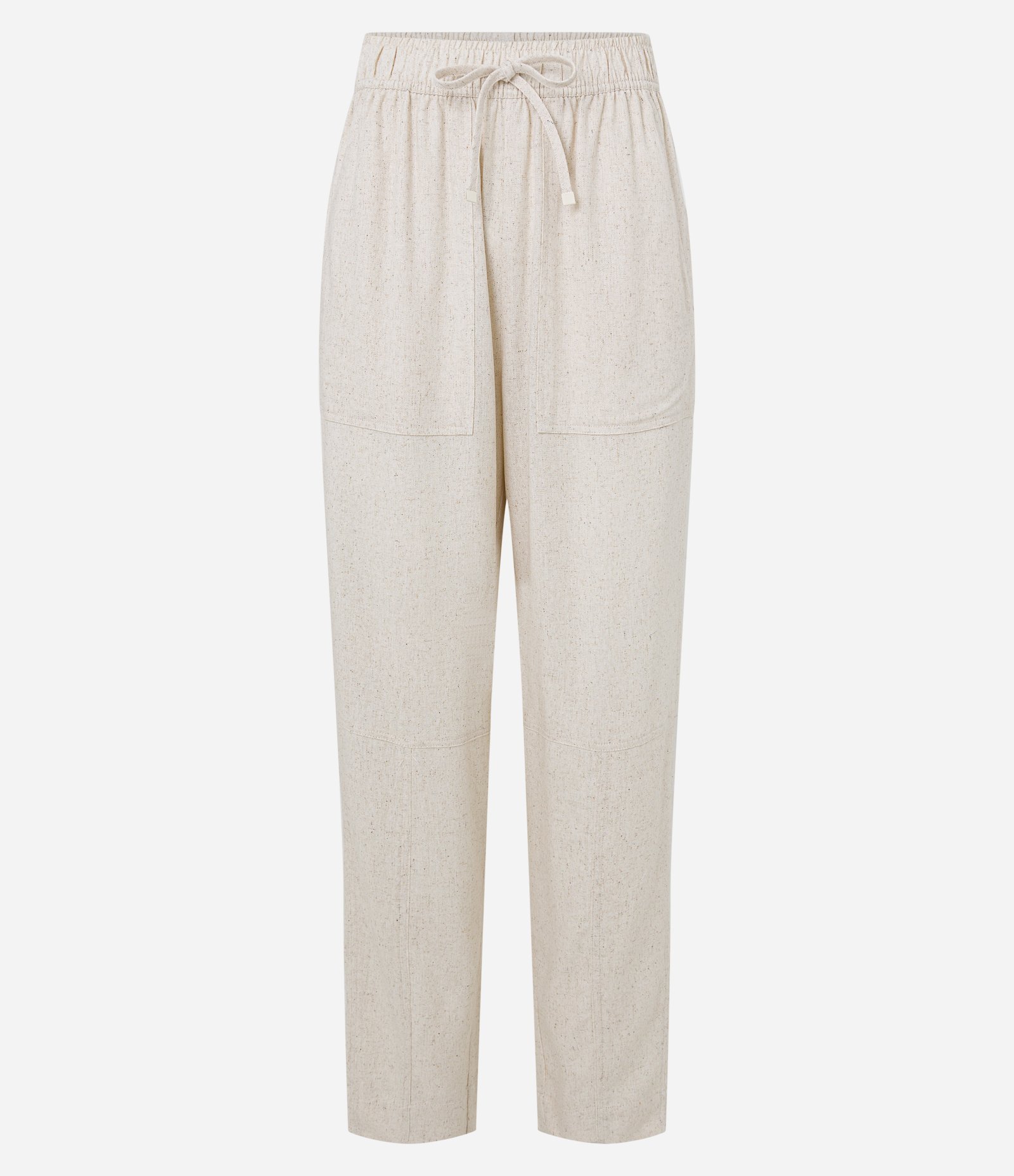 Calça Fluída Cenoura em Viscolinho com Recortes e Cós Elástico Bege 2