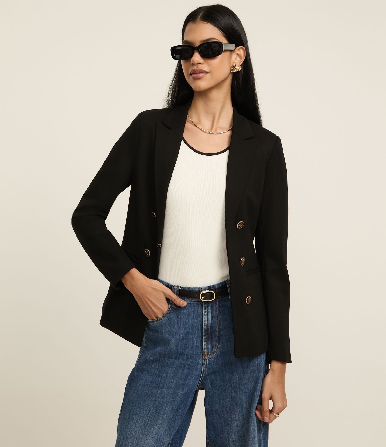 Blazer Alfaiatado em Ponto Roma com Botões Brasão Preto 1