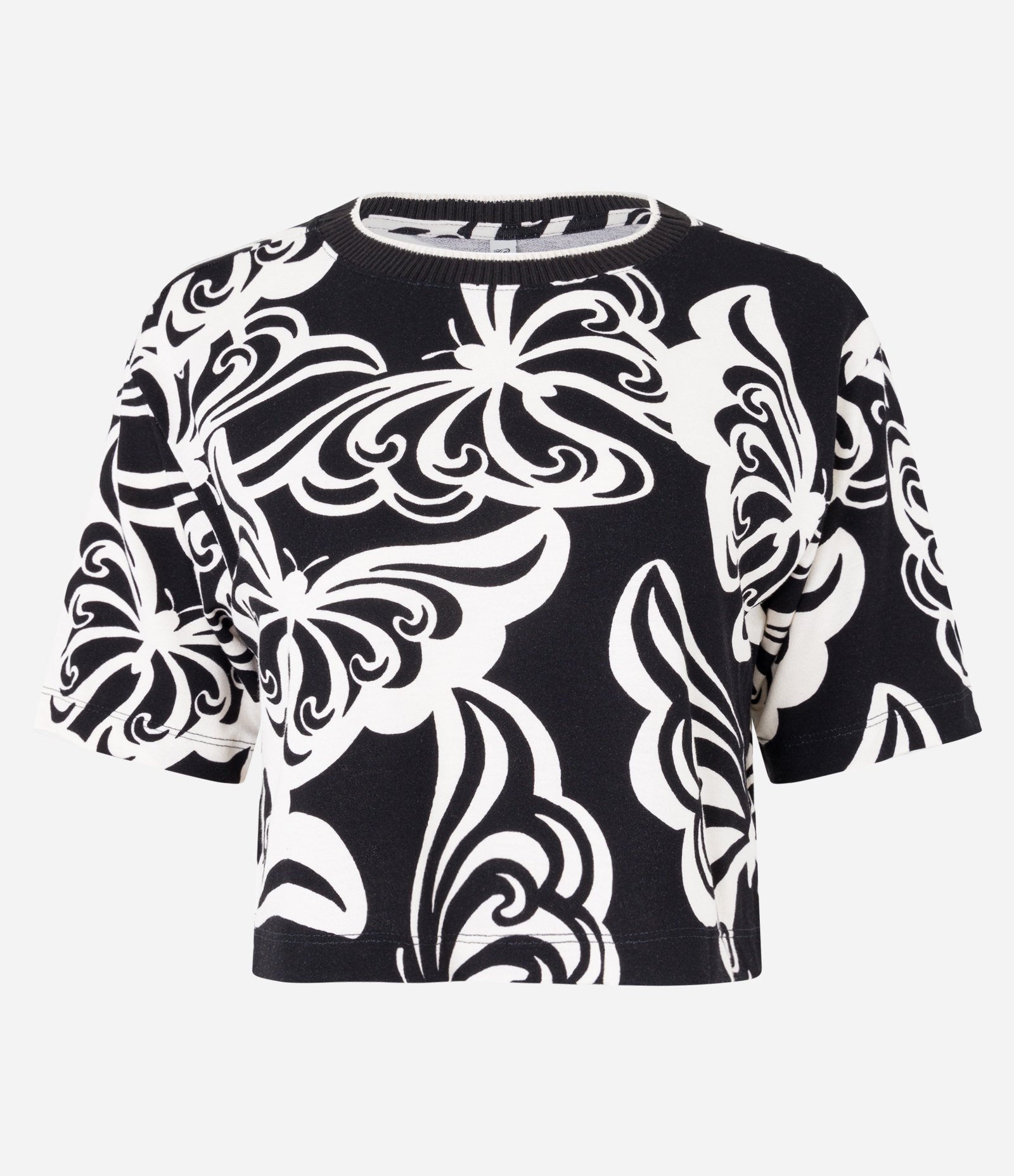Blusa Cropped Manga Curta em Crepe com Borboletas Estampadas Preto 5