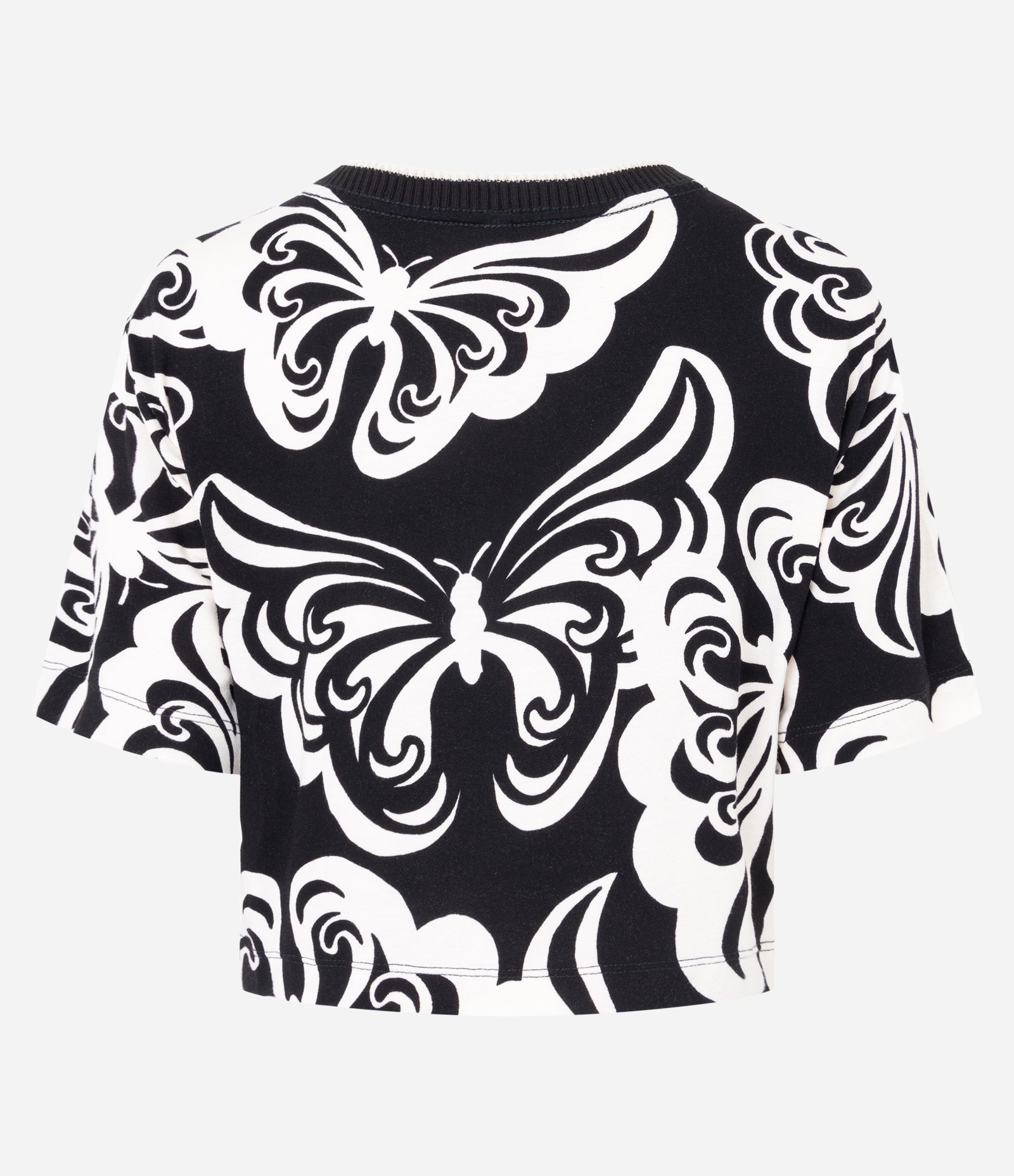 Blusa Cropped Manga Curta em Crepe com Borboletas Estampadas Preto 7