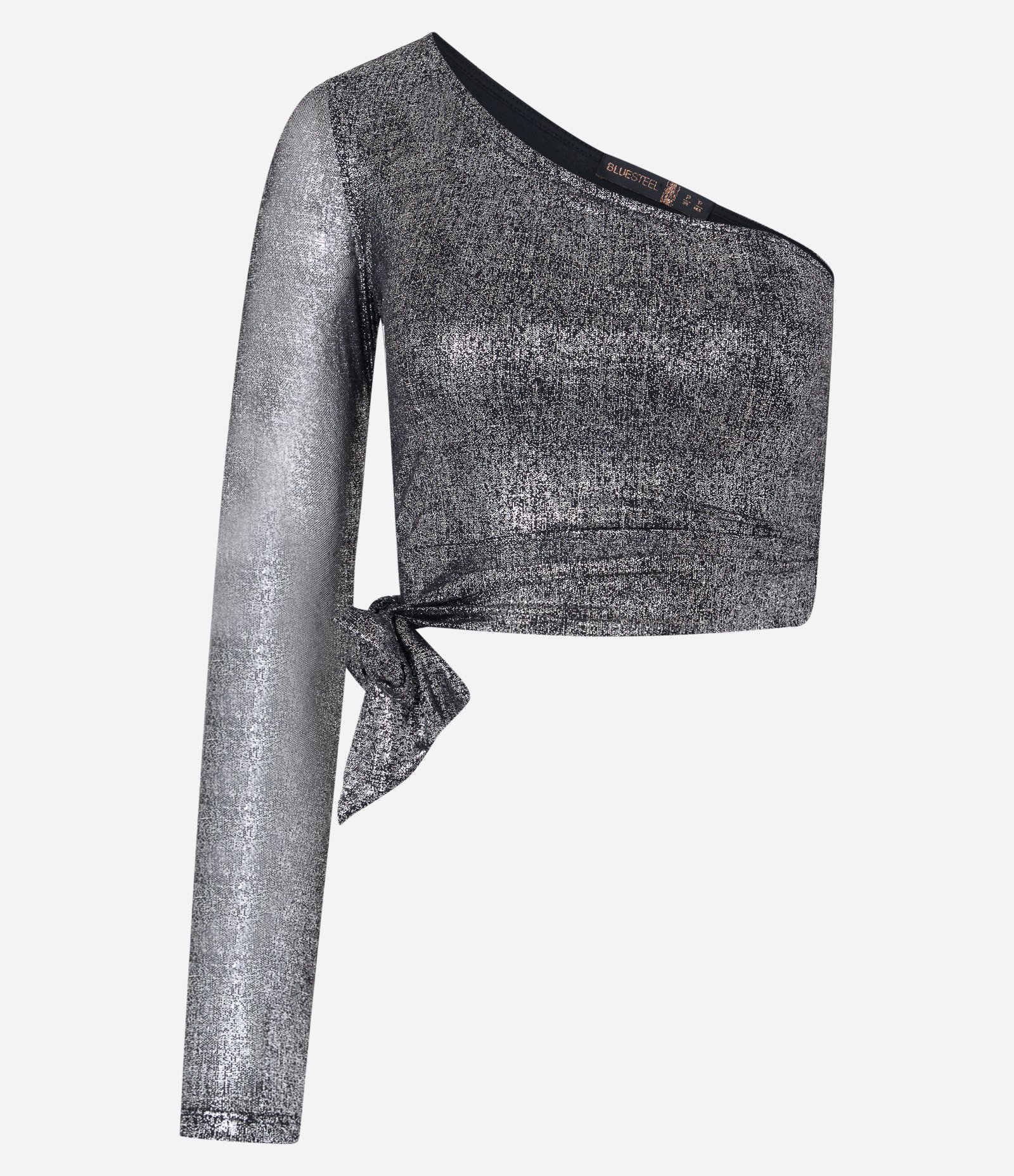 Blusa Cropped em Meia Malha Metalizada com Um Ombro Só e Lacinho Prata 5