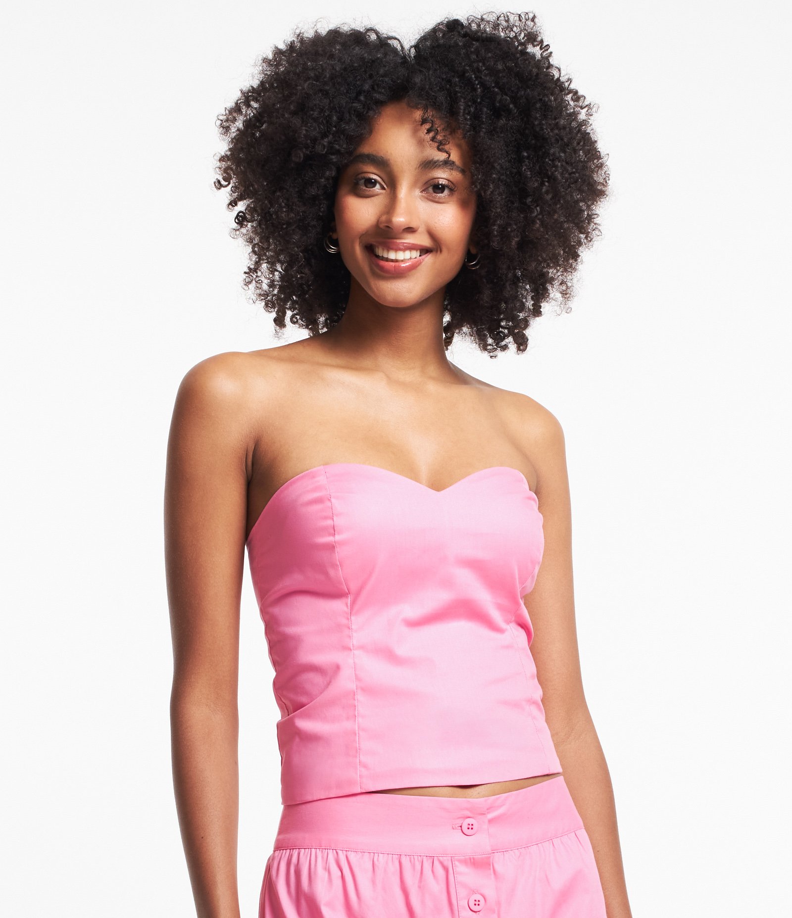 Blusa Cropped em Tricoline Tomara que Caia com Decote Coração Rosa 1