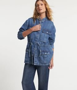 Jaqueta Parka em Jeans com Bolsos e Amarração