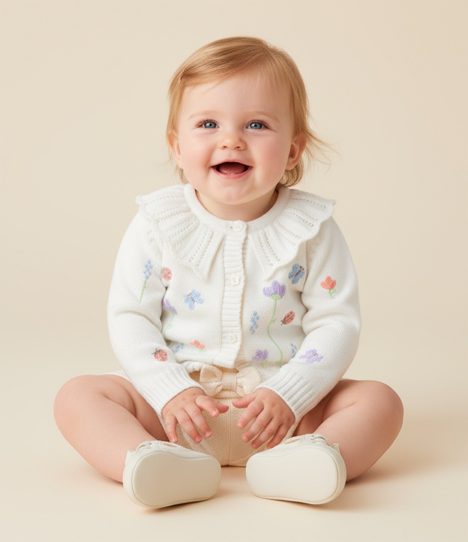 Cardigan Infantil em Tricô com Bordado de Flores e Joaninhas - Tam 3 a 18 meses Branco 1