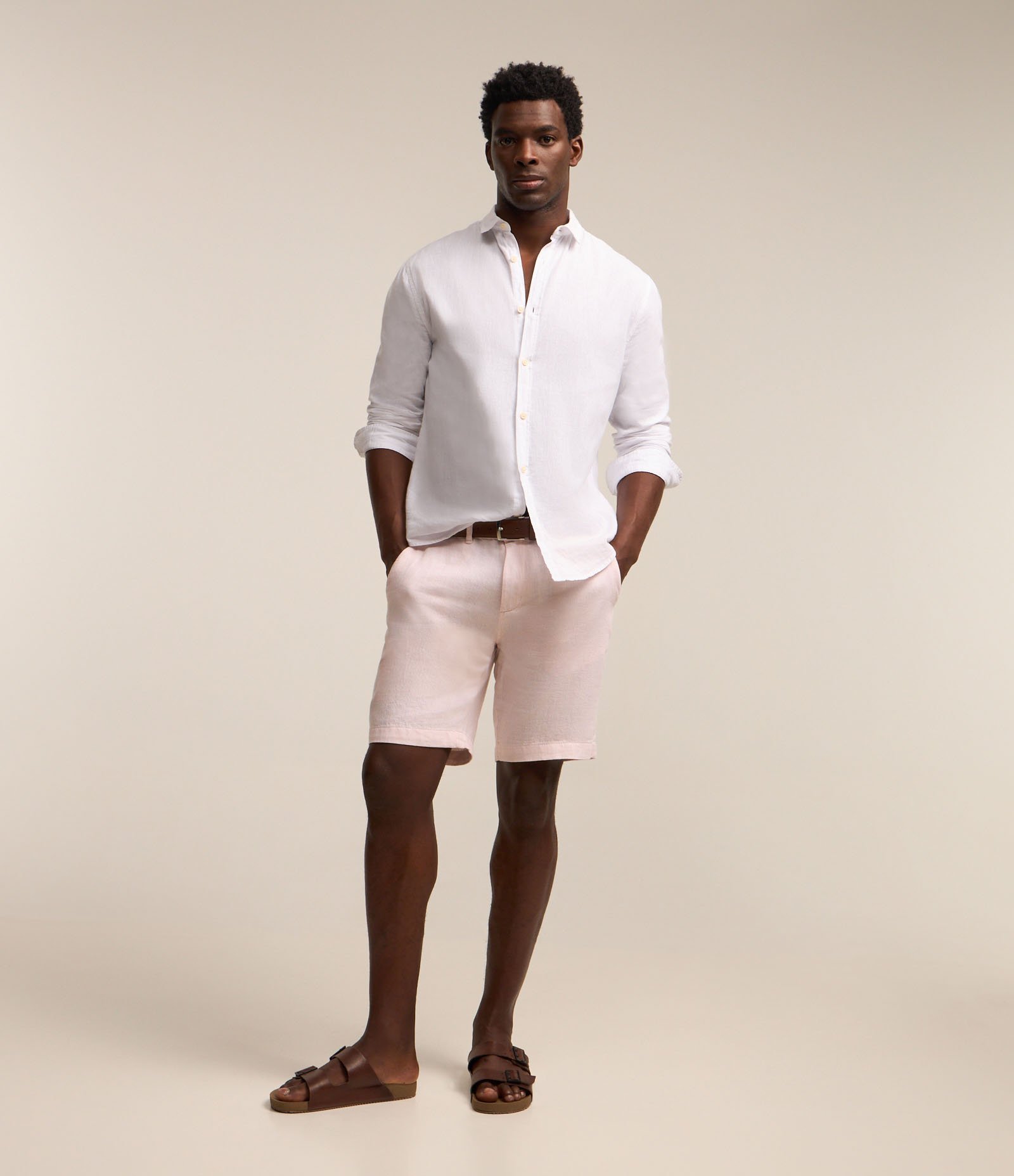 Bermuda Slim Texturizada em Linho com Algodão Rosa Claro 1