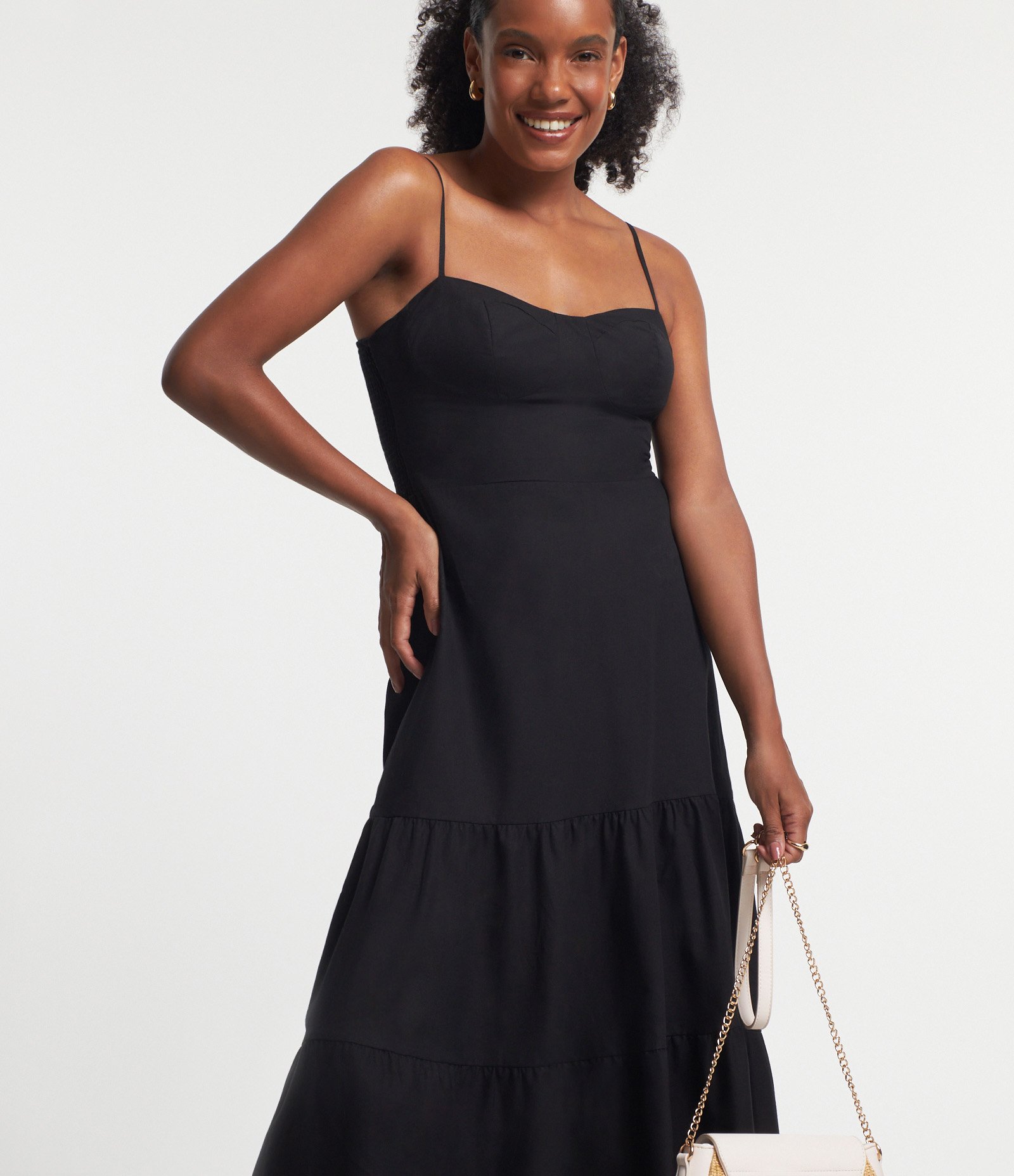 Vestido Evasê em Tricoline com Decote Coração e Bolinhas na Alça Preto 1