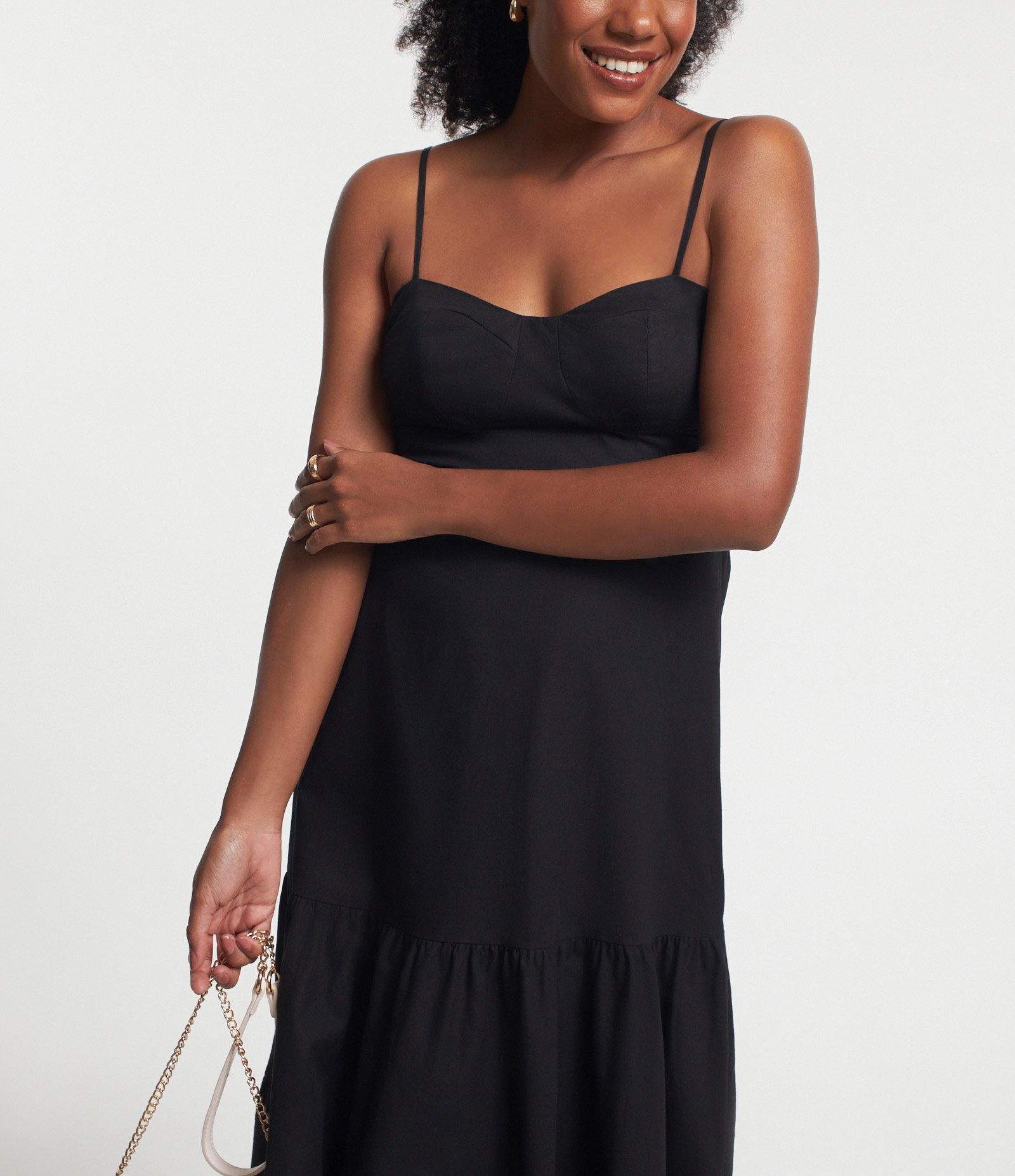 Vestido Evasê em Tricoline com Decote Coração e Bolinhas na Alça Preto 5