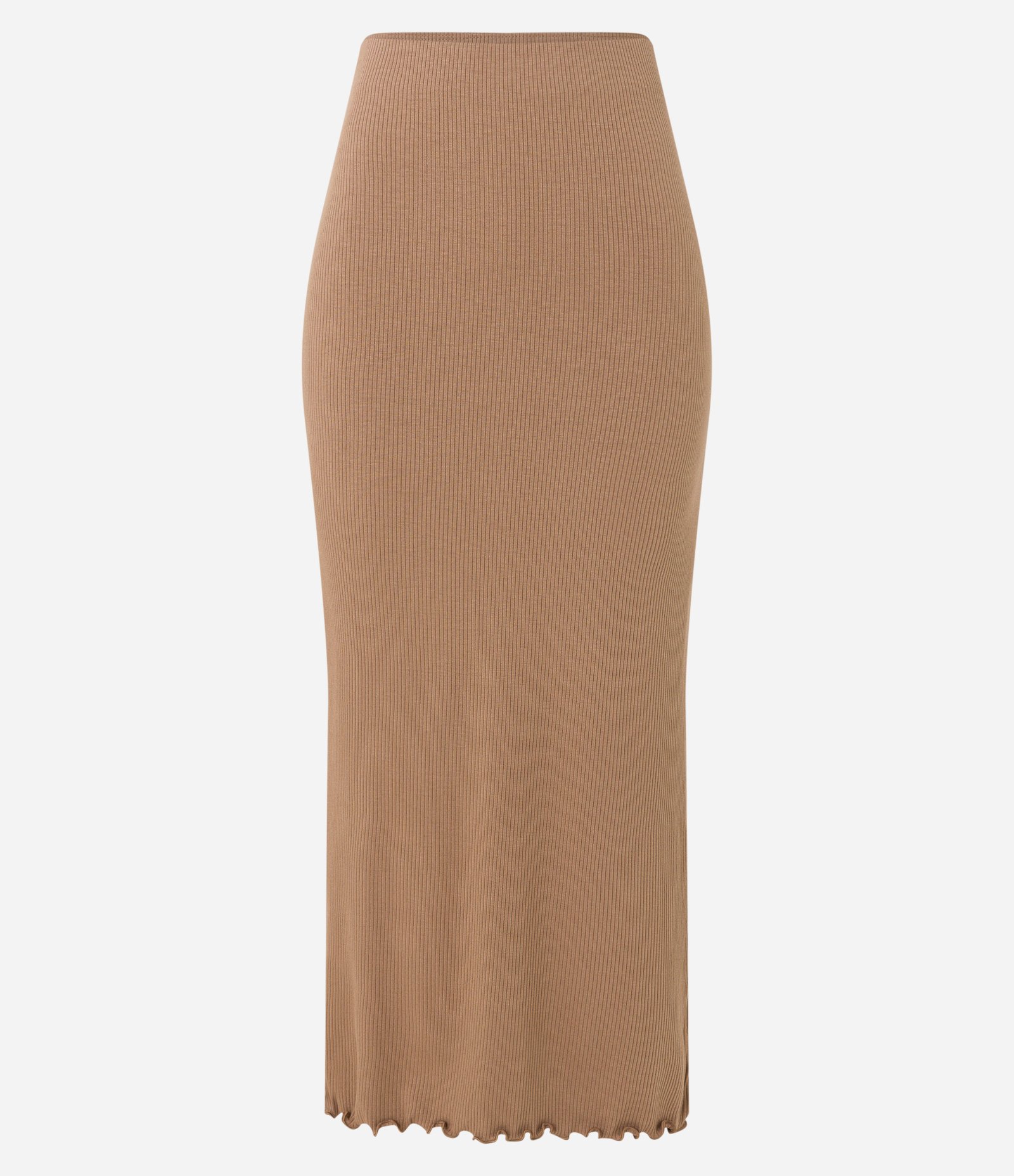 Saia Midi em Ribana com Fenda e Barra Picot Marrom Caramelo 5