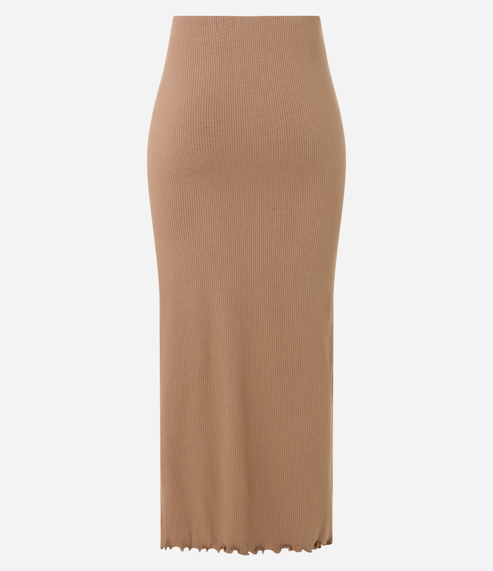 Saia Midi em Ribana com Fenda e Barra Picot Marrom Caramelo 7