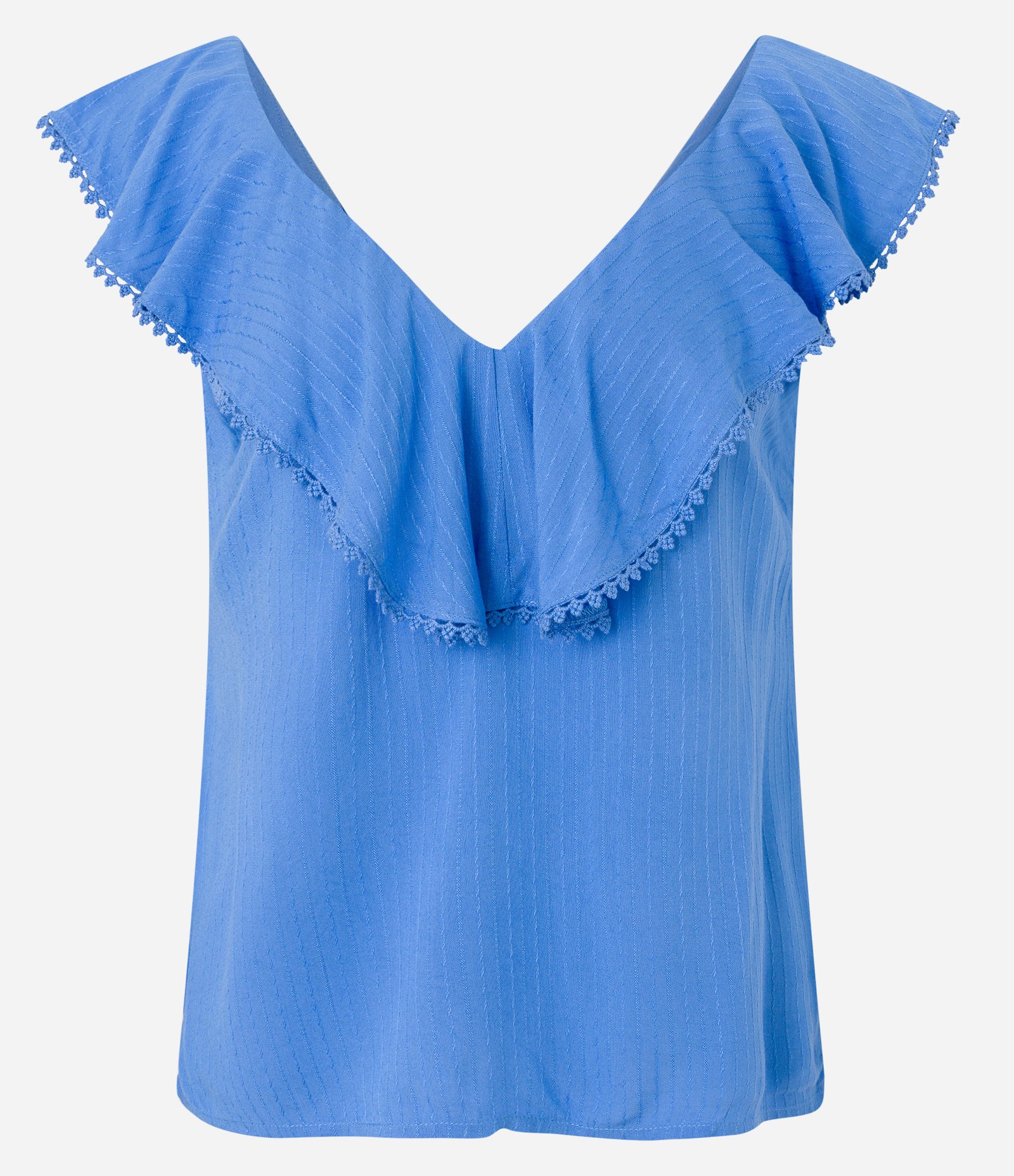 Blusa Regata em Tricoline com Decote V e Detalhes em Entremeios Azul 5