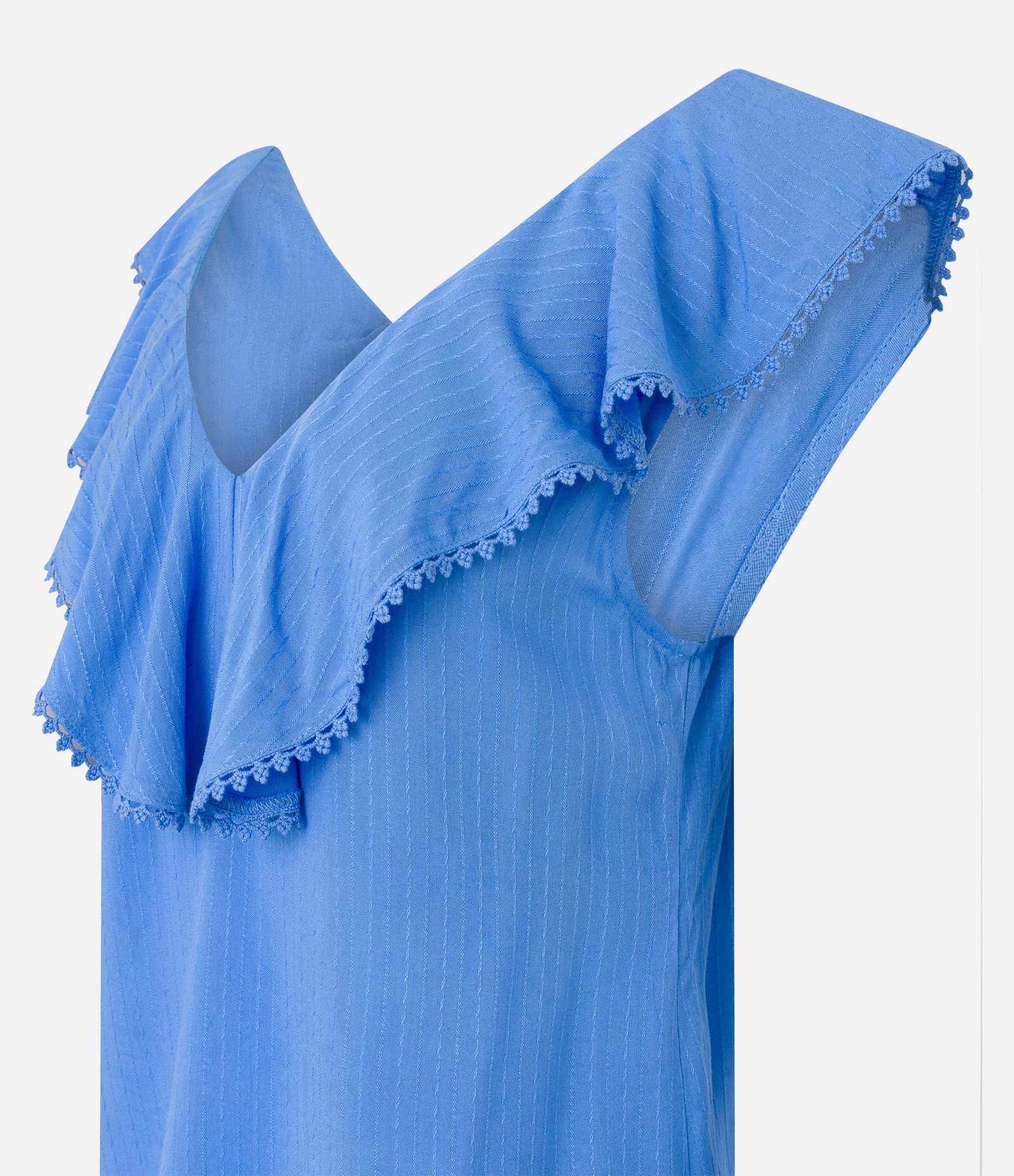 Blusa Regata em Tricoline com Decote V e Detalhes em Entremeios Azul 6