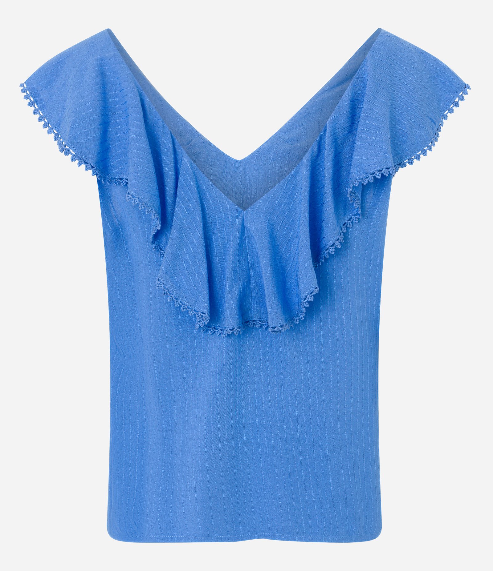 Blusa Regata em Tricoline com Decote V e Detalhes em Entremeios Azul 7