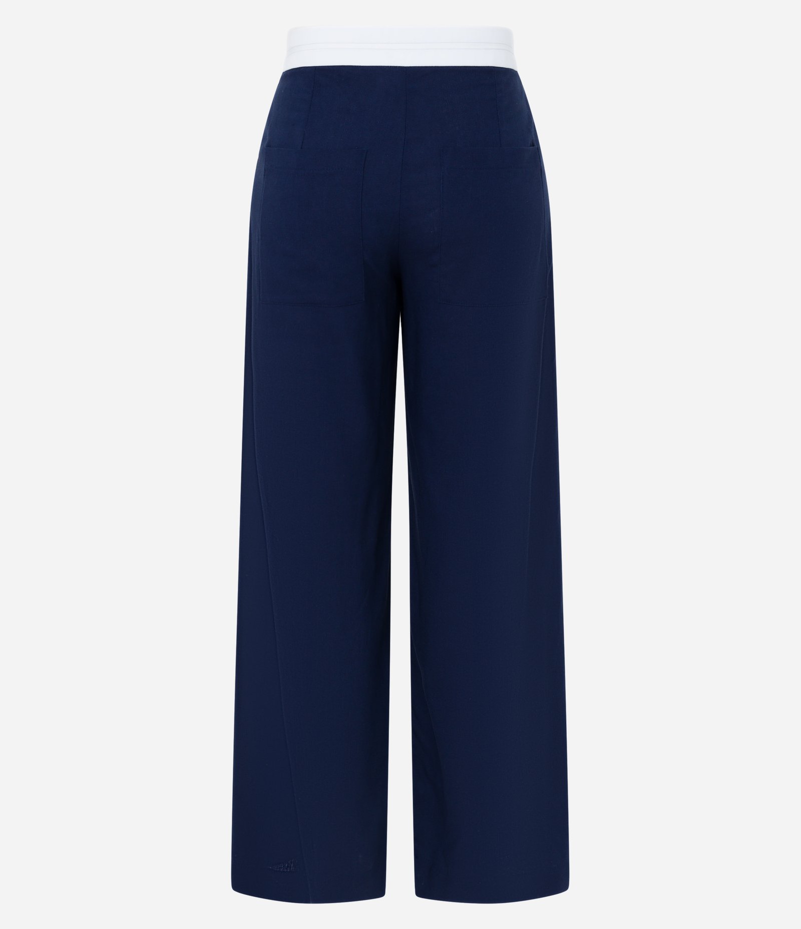 Calça Reta em Viscolinho com Cós Contrastante em Tricoline Azul Escuro/ Branco 7