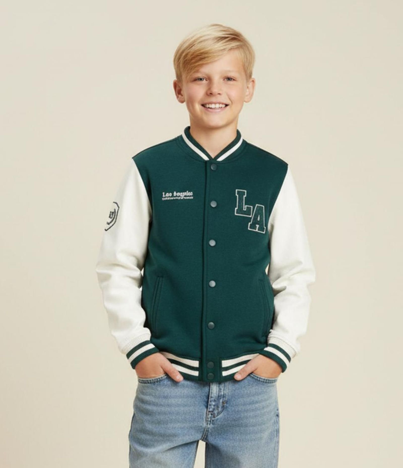 Jaqueta Bomber College Infantil Estampa Los Angeles - Tam 5 a 14 anos Verde 1