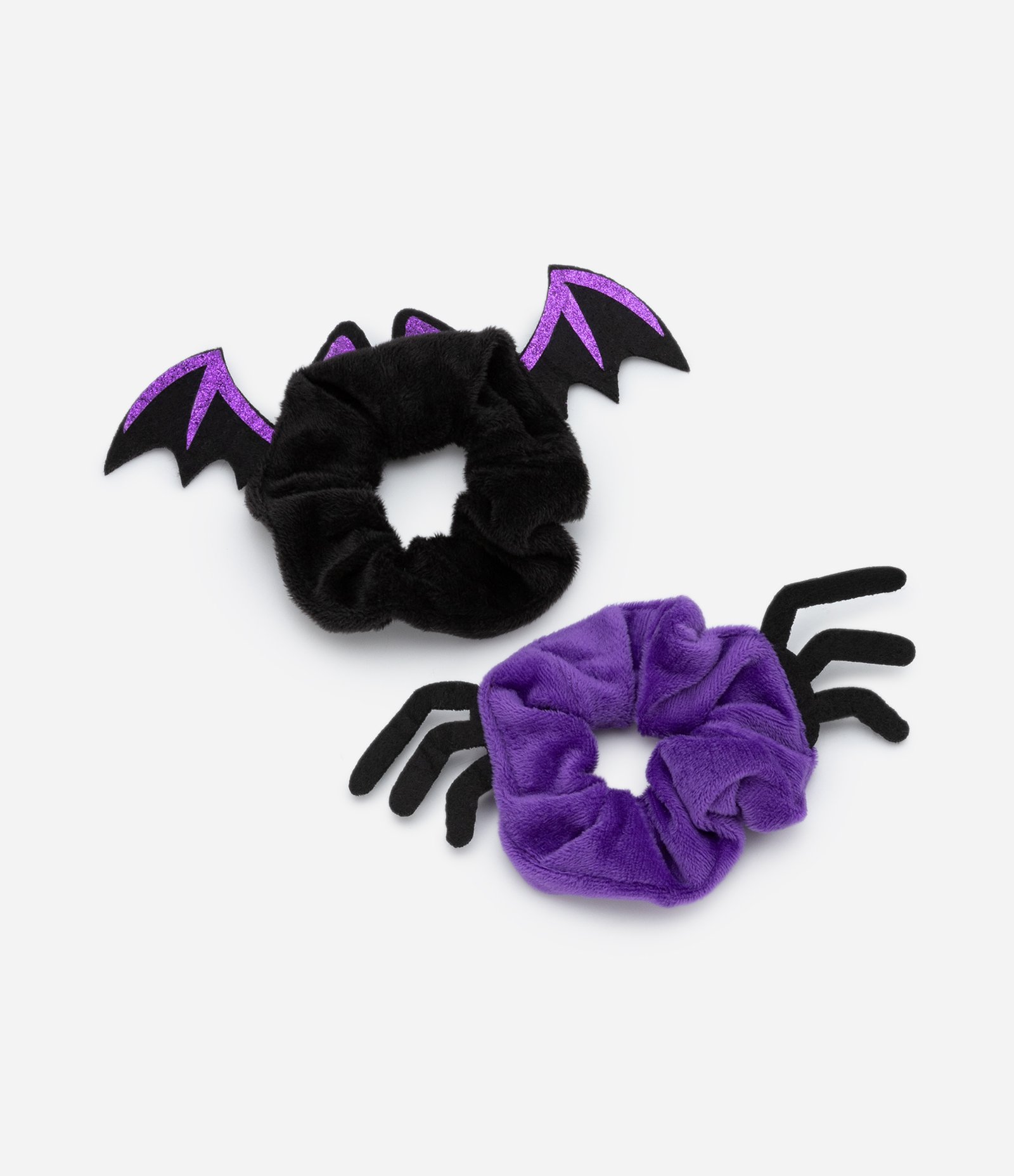 Kit 02 Scrunchies Infantis em Veludo com Aplicação Halloween - Tam U Roxo/Preto 1