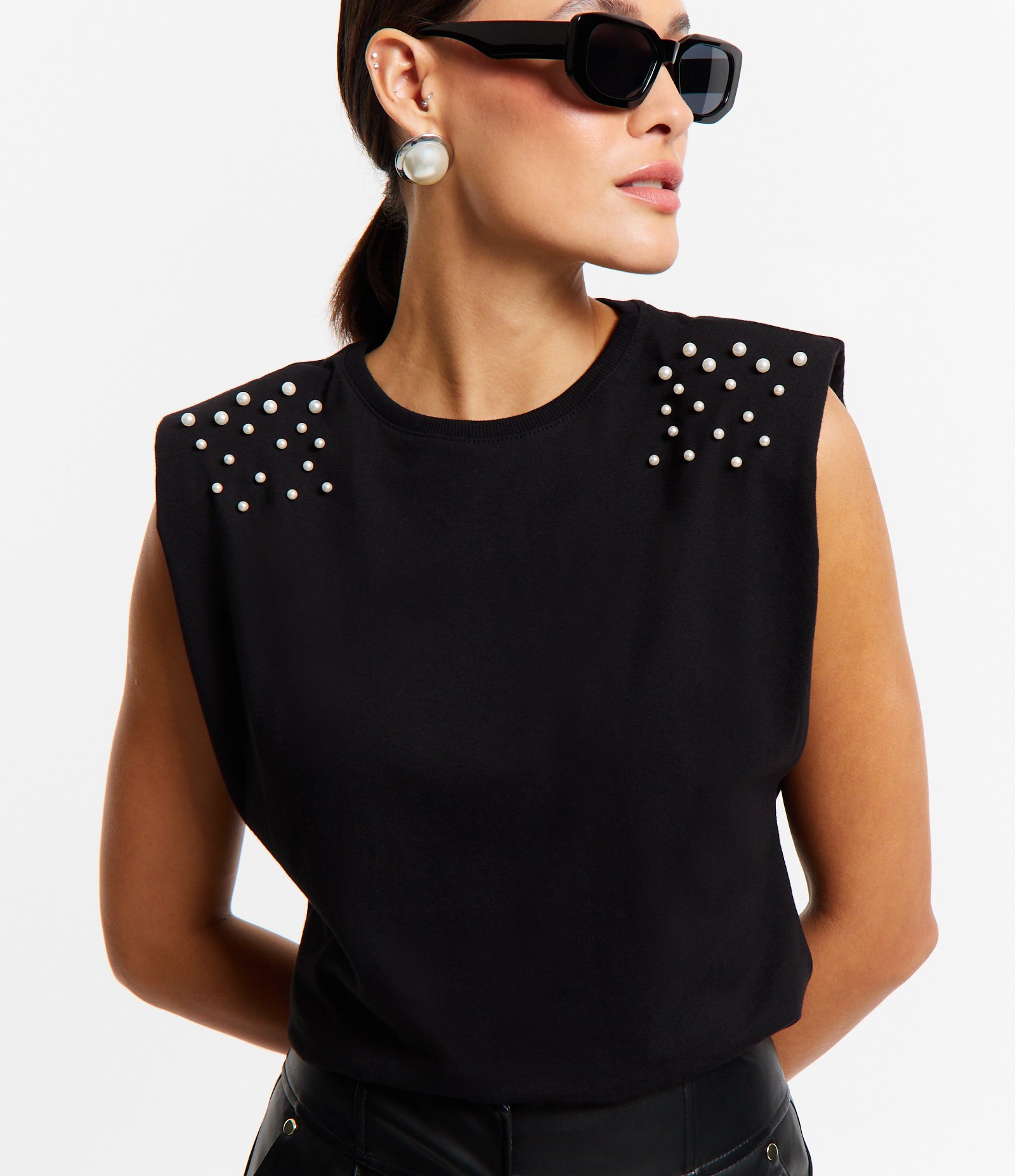 Blusa sem Manga em Algodão com Aplicação de Pérolas nos Ombros Preto 3