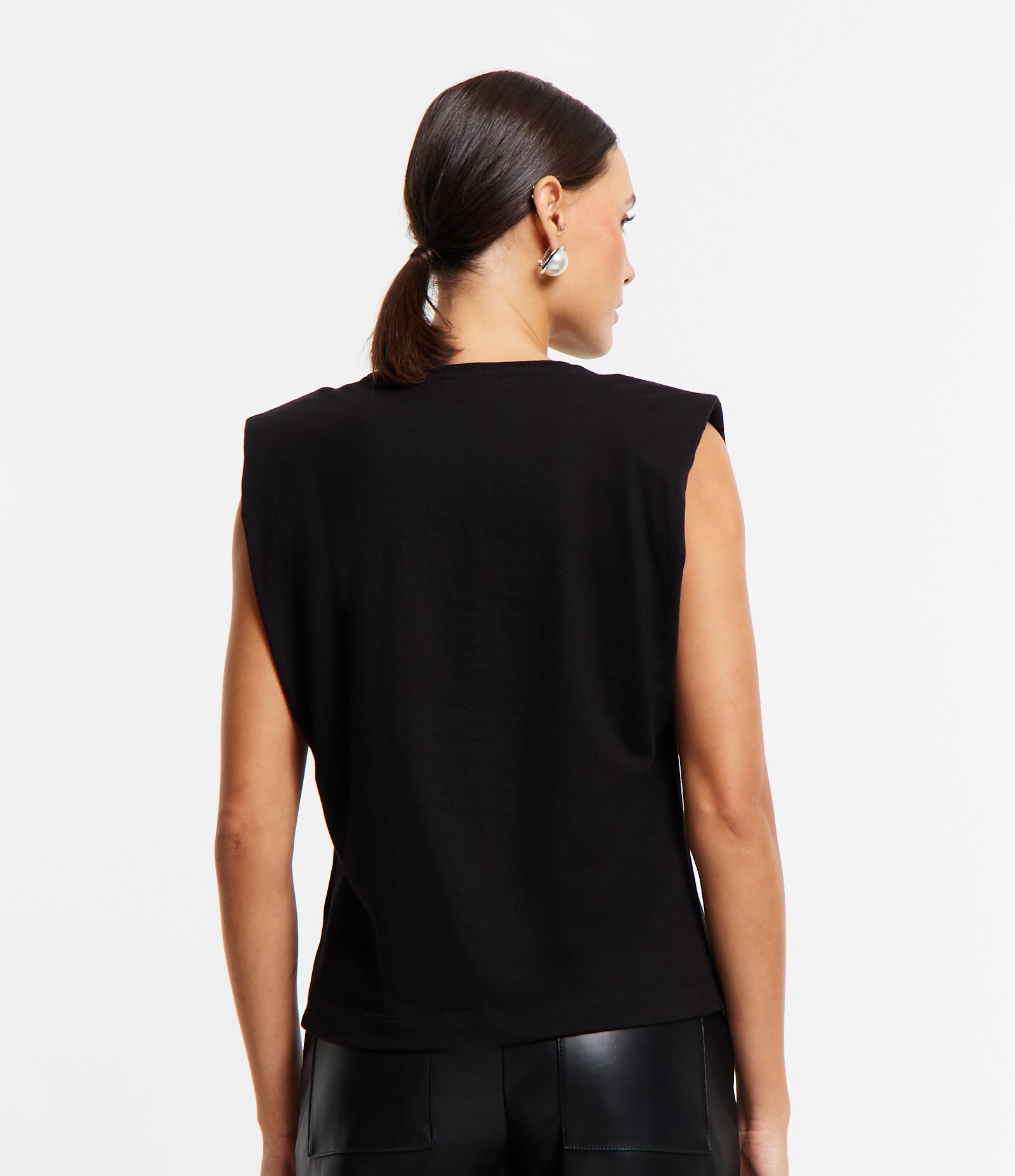 Blusa sem Manga em Algodão com Aplicação de Pérolas nos Ombros Preto 4