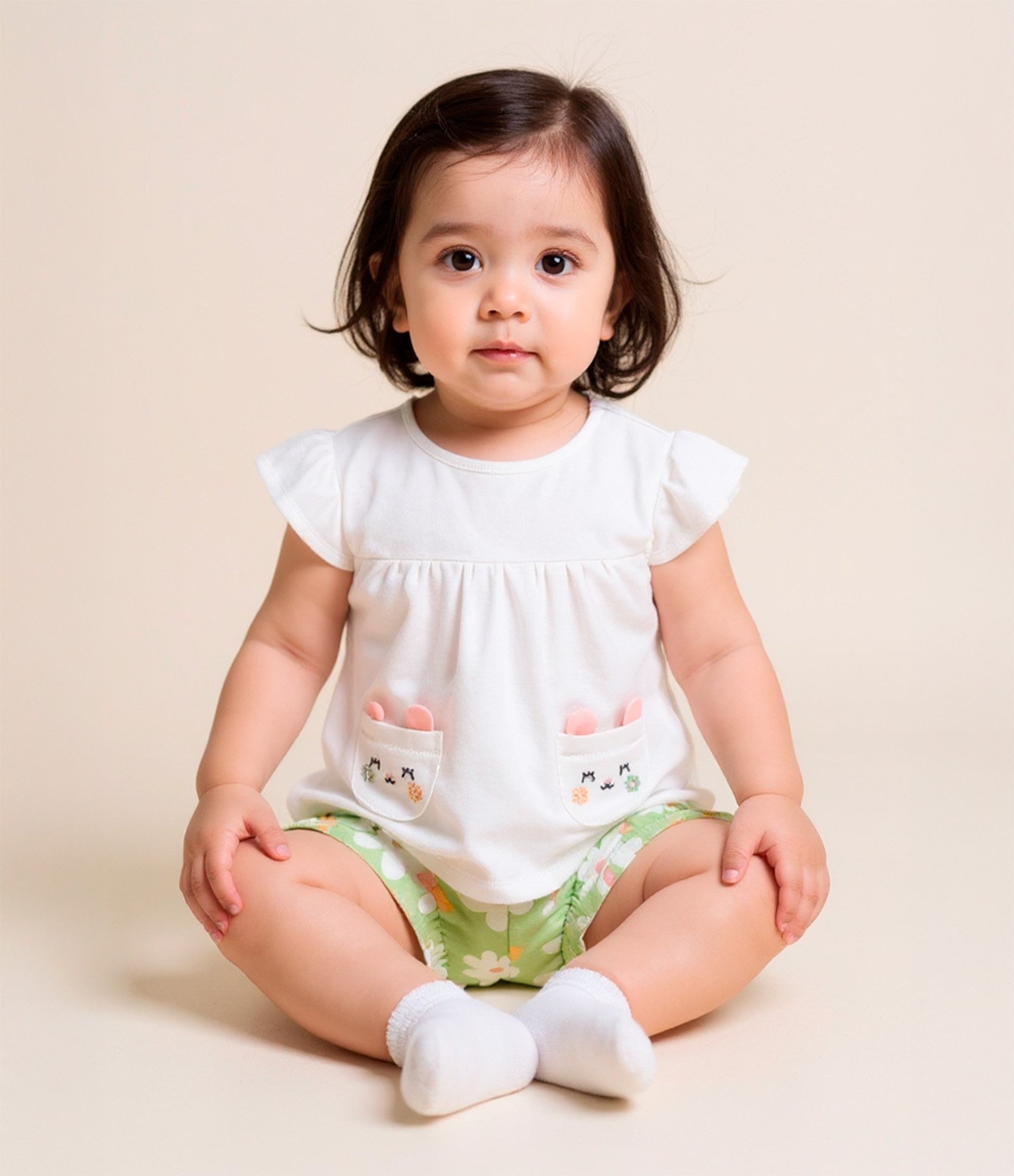 Conjunto Infantil com Bolsinhos e Estampa Floral - Tam 0 a 18 meses Verde/Branco 2