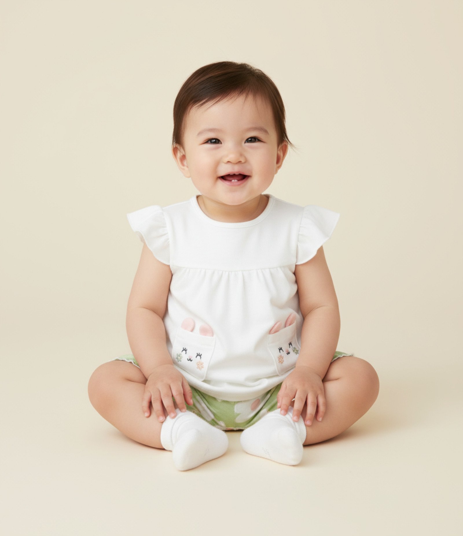 Conjunto Infantil com Bolsinhos e Estampa Floral - Tam 0 a 18 meses Verde/Branco 1