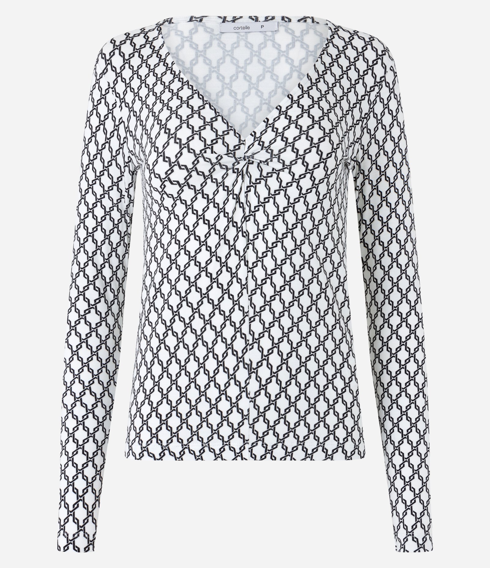 Blusa em Viscolycra com Decote Torcido e Estampa Correntes Branco/ Preto 1