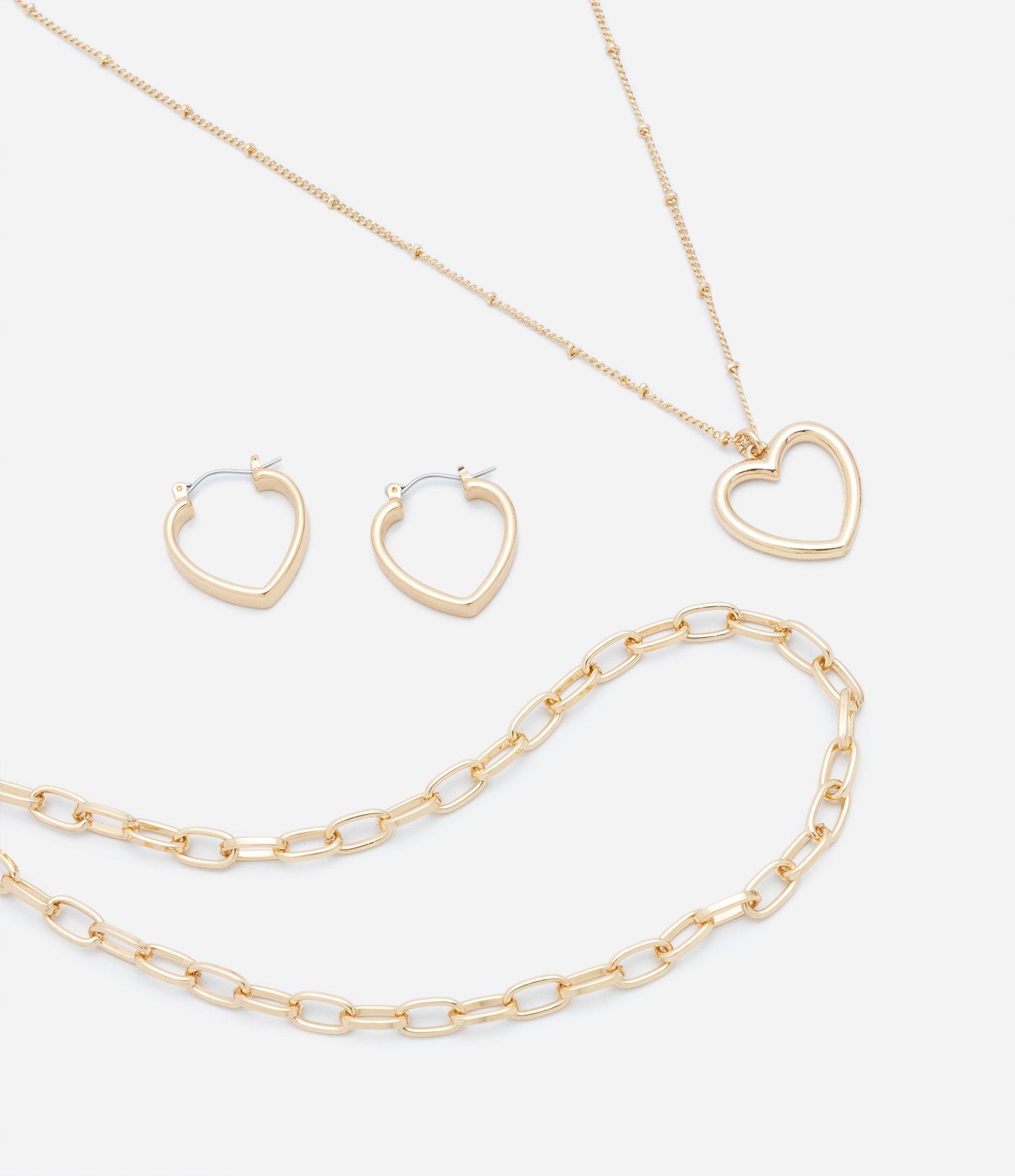 Conjunto 02 Colares Corrente e 01 Par de Brinco Coração Dourado 2