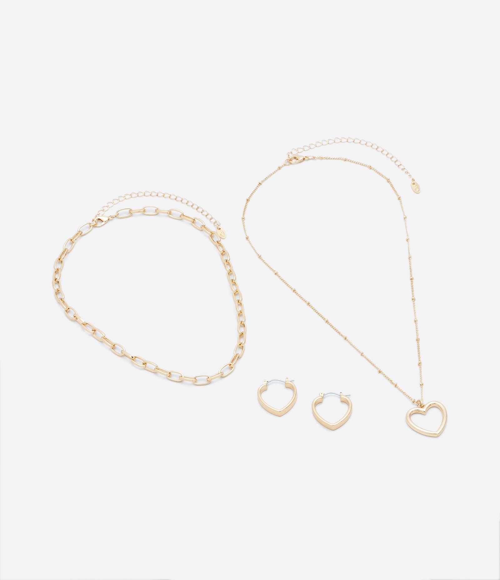 Conjunto 02 Colares Corrente e 01 Par de Brinco Coração Dourado 3