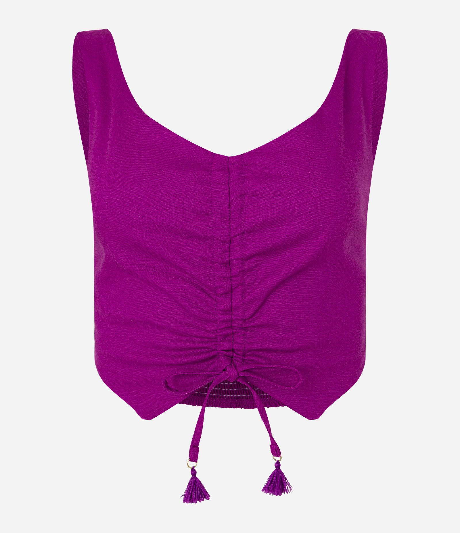 Blusa de Alça Cropped em Viscose e Linho com Puxadinho na Frente Roxo 4