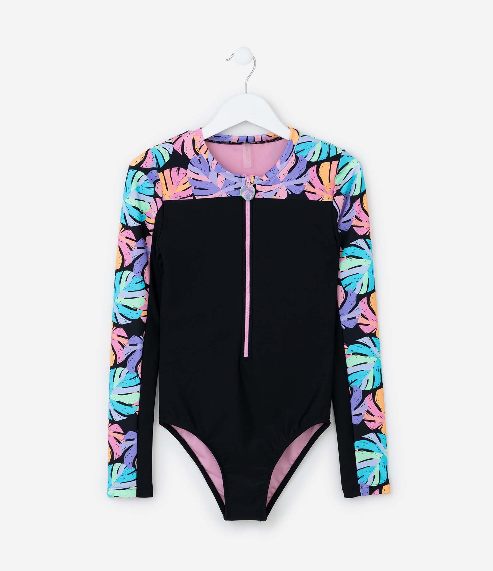 Maiô Infantil com Proteção UV e Estampa Folhas - Tam 5 a 14 Anos Preto 1