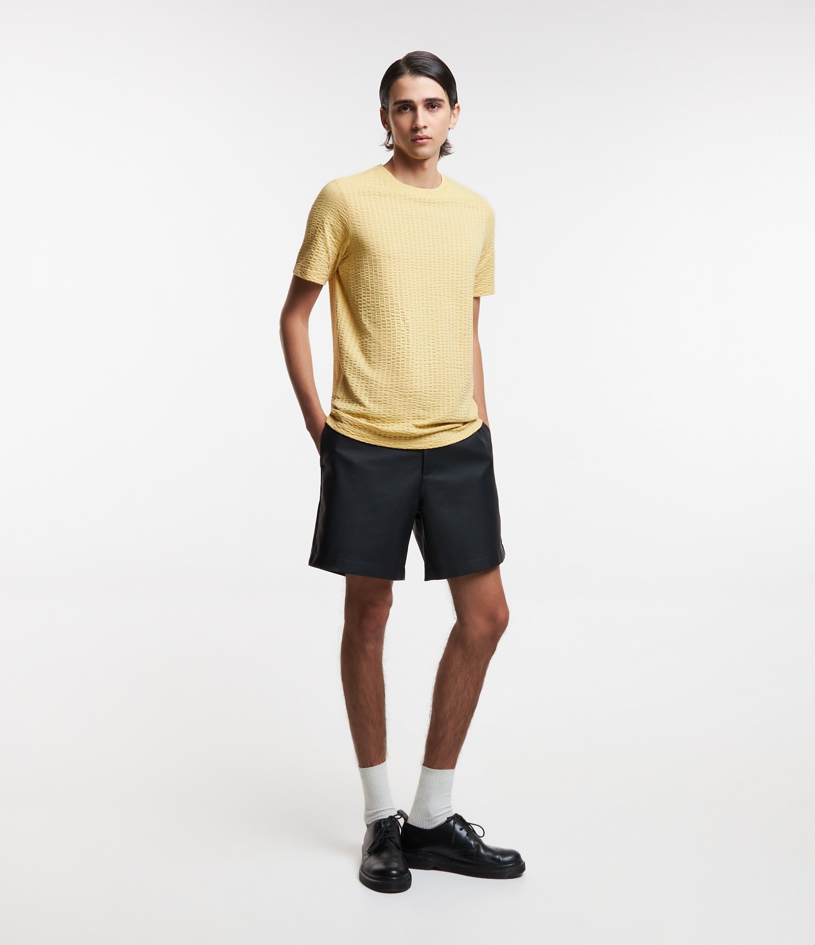 Camiseta Slim em Algodão com Textura de Listras Amarelo 3