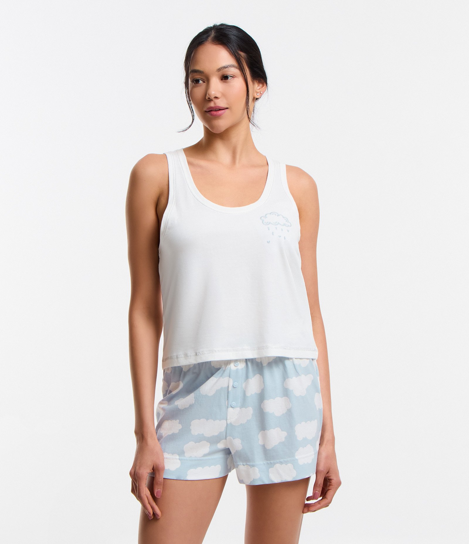 Pijama Short Doll com Estampa de Nuvem em Algodão Branco Neve 1