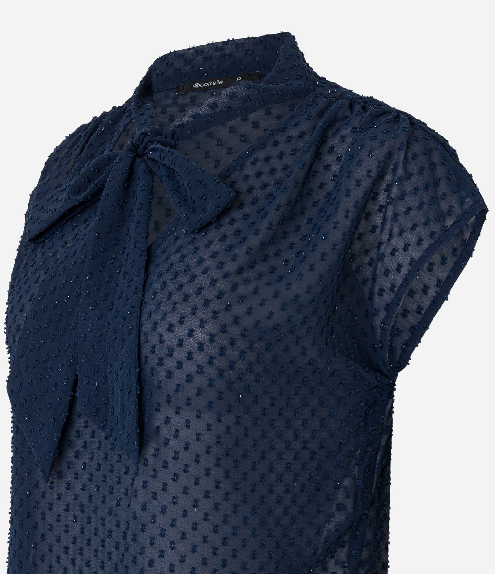 Blusa em Crepe com Laço de Chiffon na Gola e Texturas Azul 6