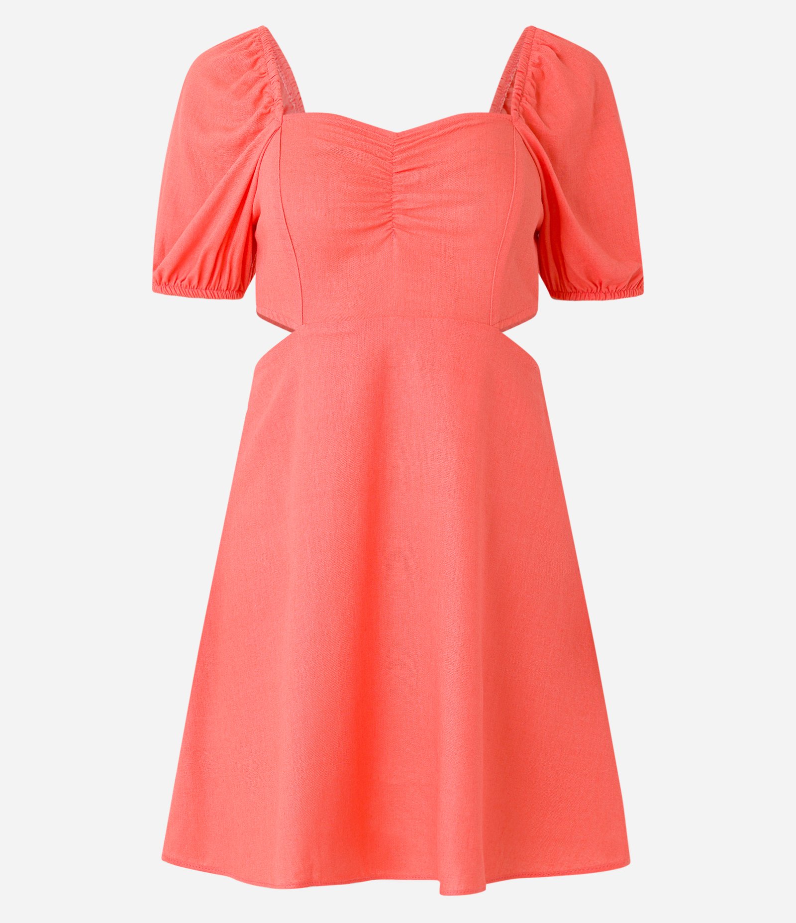 Vestido Curto em Linho com Manga Bufante e Recorte Vazado na Lateral Laranja Coral 5